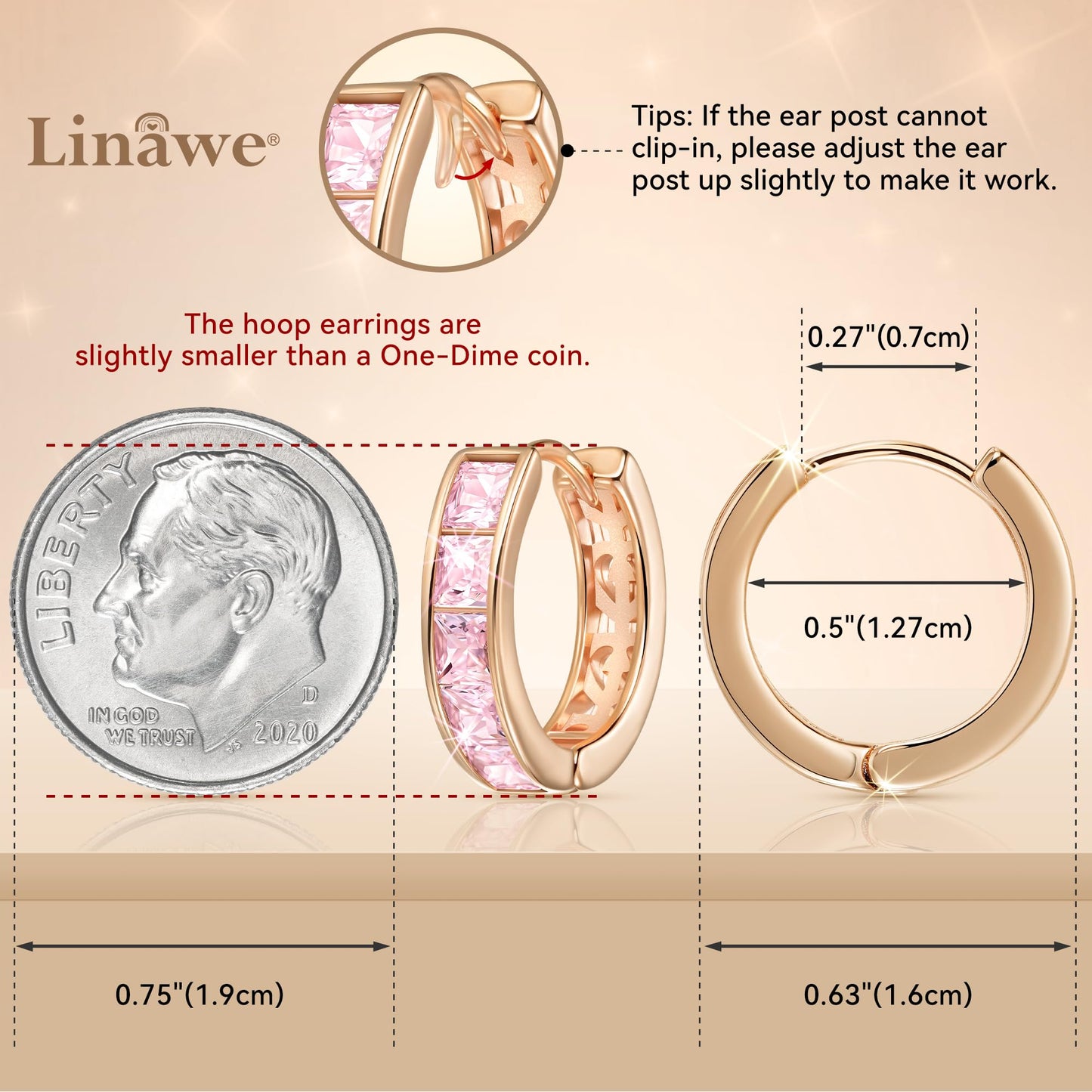 Linawe Pink Cubic Zirconia Hoop Earrings, Rose Gold, Trendy Women's Studs, Flat Back Helix Moissanite Earrings, Cute Small Huggie Earrings, Cartilage Cuff Ear Piercing