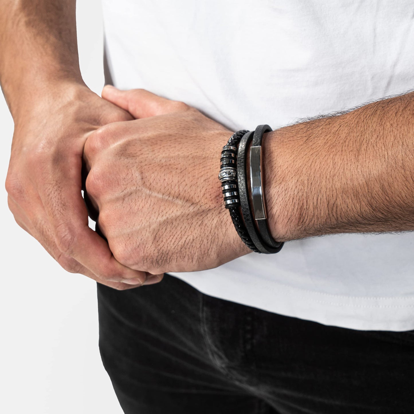 SERASAR 9″ Silver Leather Bracelets for Men Mens Cowhide Gift Box Braided Bracelet Stainless Steel Jewelry Wrist Band Cuff Wrap Rope Bangle Dad Pulseras para Hombres Cuero Regalo