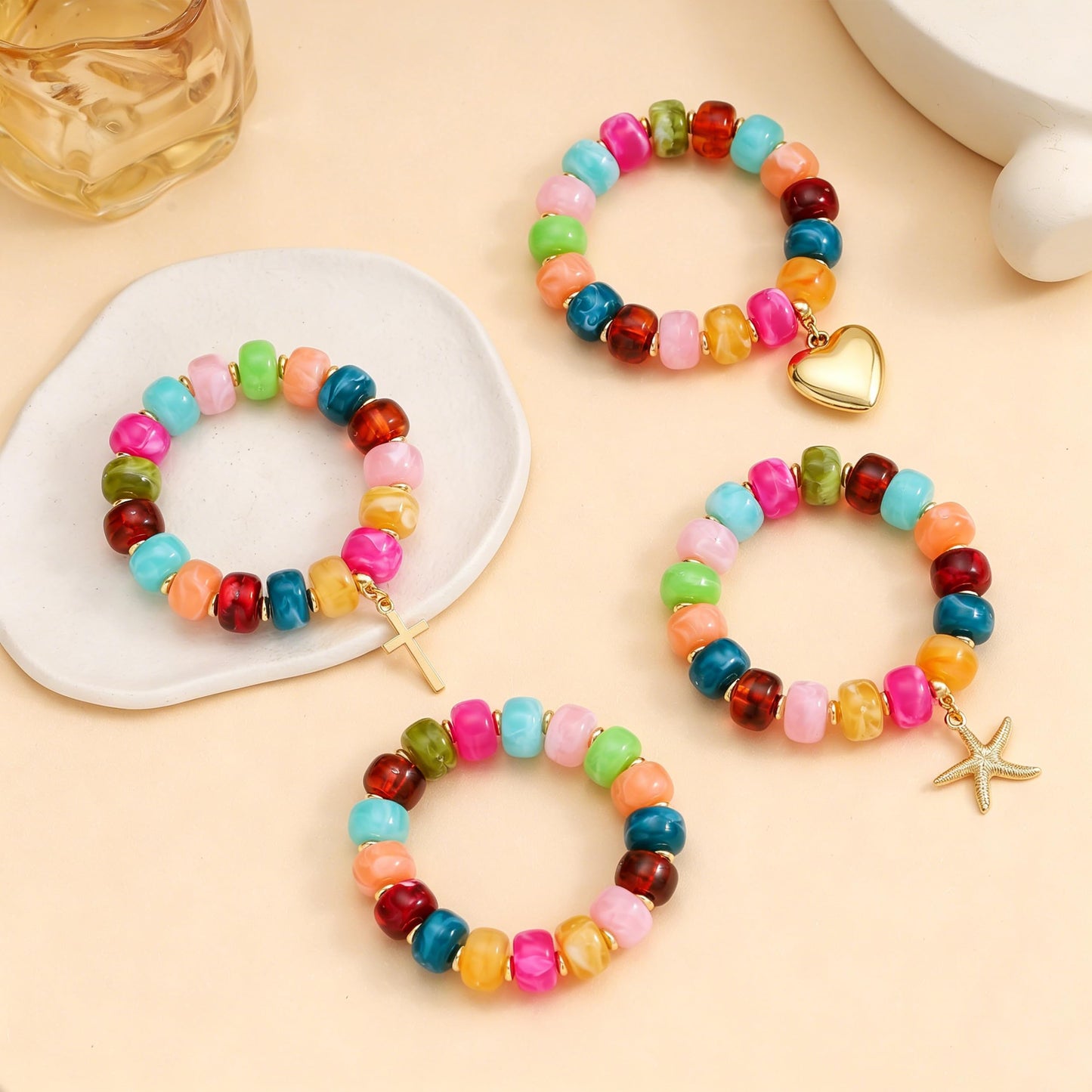 Coprall Colorful Beaded Bracelets Boho Jewelry for Women Multicolor Resin Chunky Cross Bracelet Summer Vacation Outfits Beach Gifts(Cross)