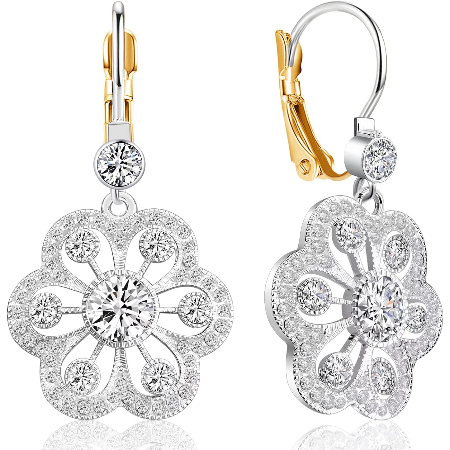 JNONL Vintage Silver Sparkly Crystal Camellia Flower Leverback Earrings Rhinestone Snowflake Round Dangle Drop Earrings for Women (Silver 5)