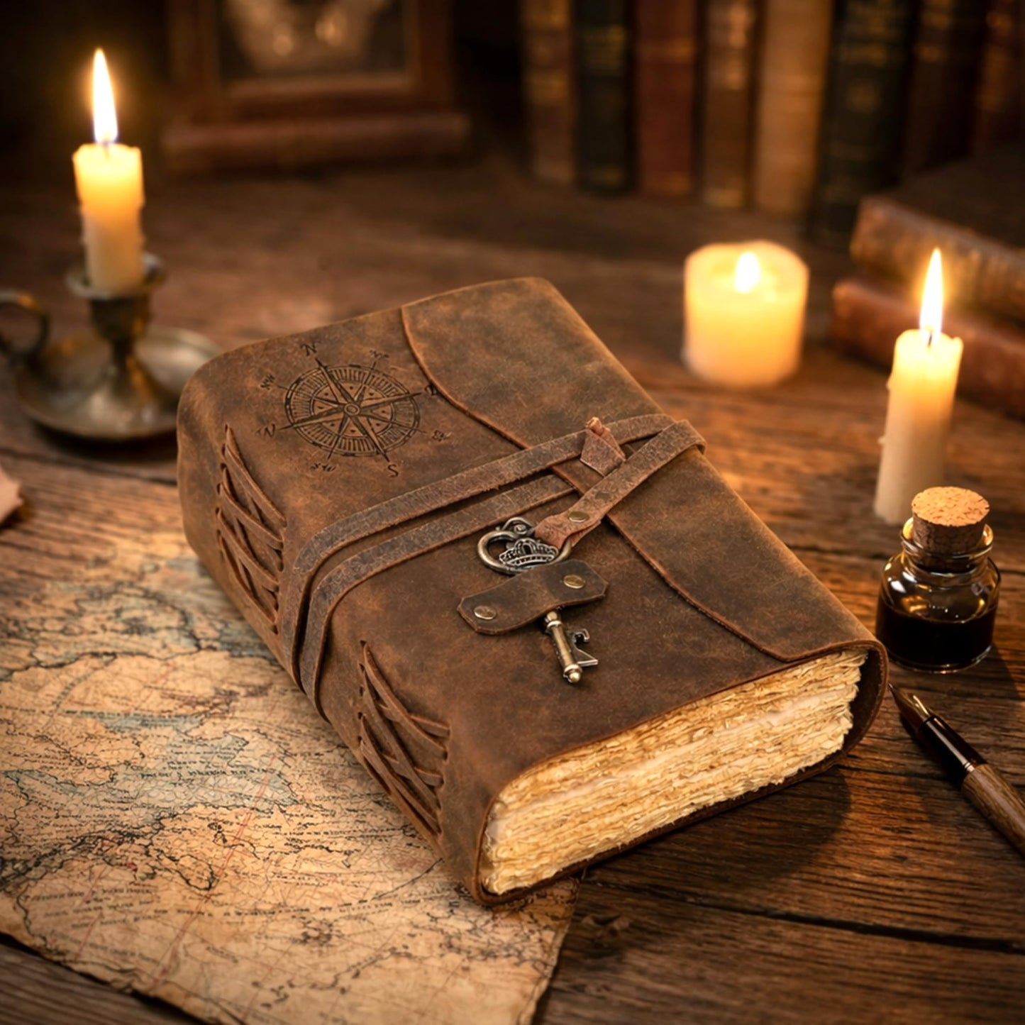 cuero Compass Vintage Leather Journal Antique Handmade Leather Bound Journal with Deckle Edge Paper Diary Leather Sketchbook Drawing Journal Notebook Great Gift Men & Women (Tawny Brown, 8X10 Inch)