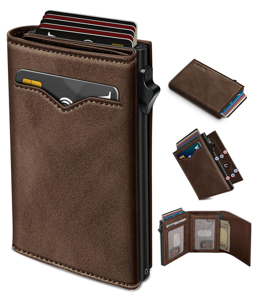 miyozi Wallet for Men,with Cash Pocket 2 ID Window 9-13 Cards,Metal Case Smart Slim Pop Up Credit Card Holder Flip with Magnetic Closure RFID Blocking Trifold wallet with Gift Box