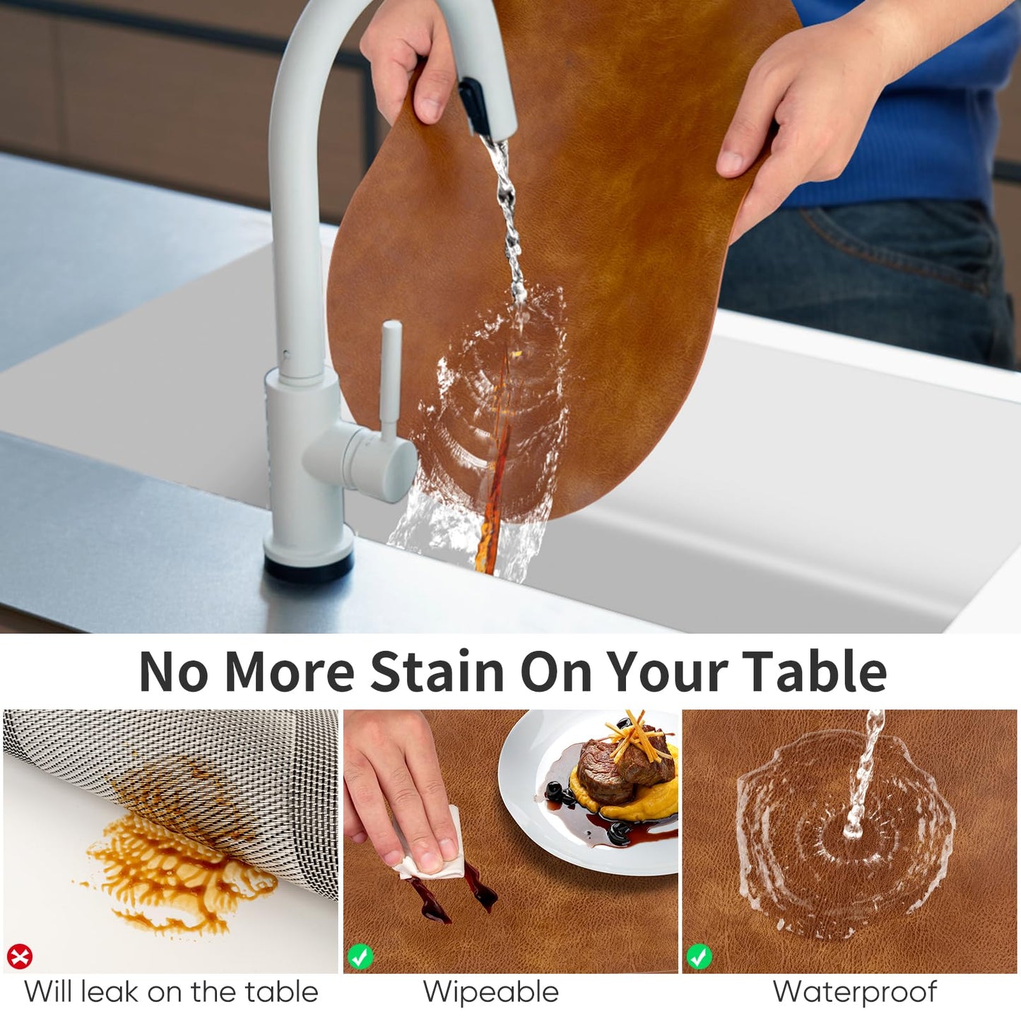 ADRIMER Placemats, Heat Resistant Oval Placemats Set of 8 Washable 12 x 17 Inch, Waterproof Table Mats, Wipeable Pu Place Mats for Kitchen, Dining Room, Turmeric Brown