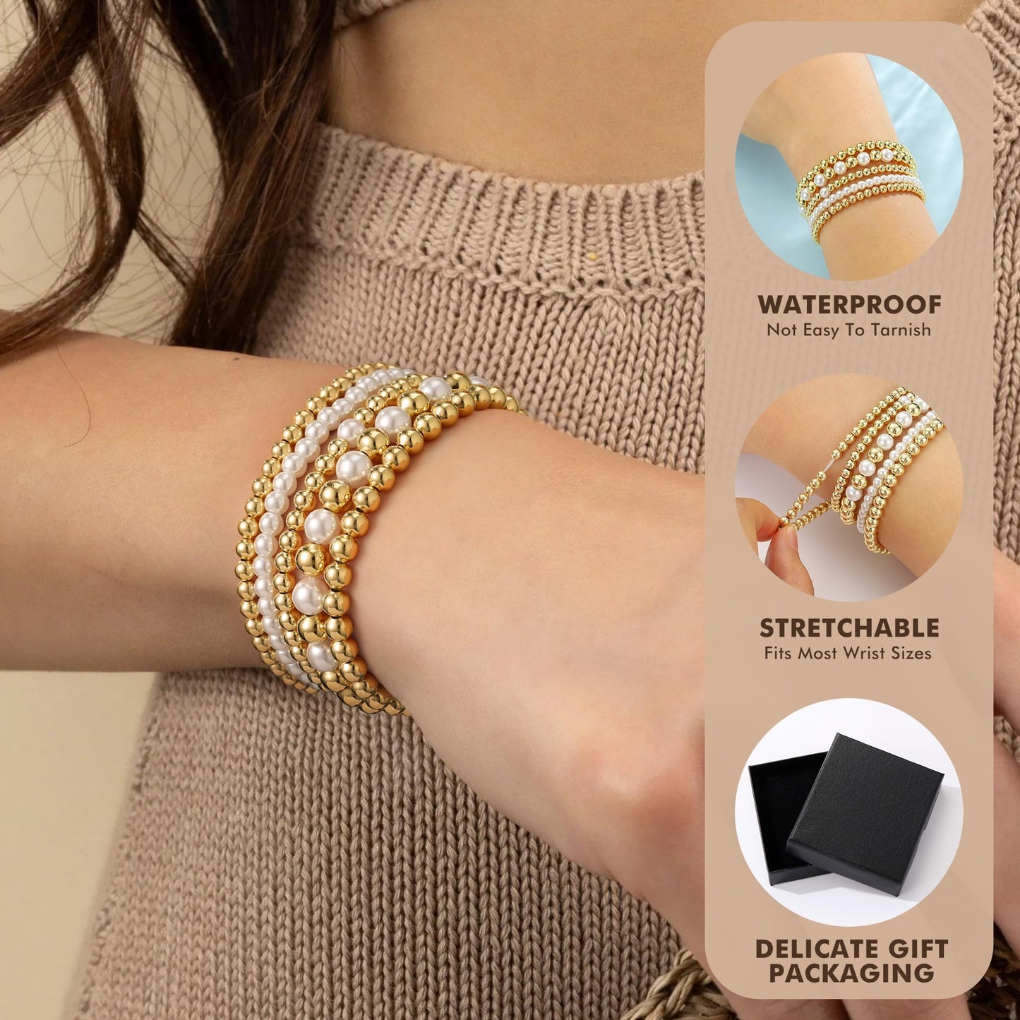 Yoosteel Gold Beaded Bracelets Set for Women - 14k Gold Plated Dainty Round Beaded Bracelet for Women Simplicity Stackable Jewelry Gifts（5 Pcs）