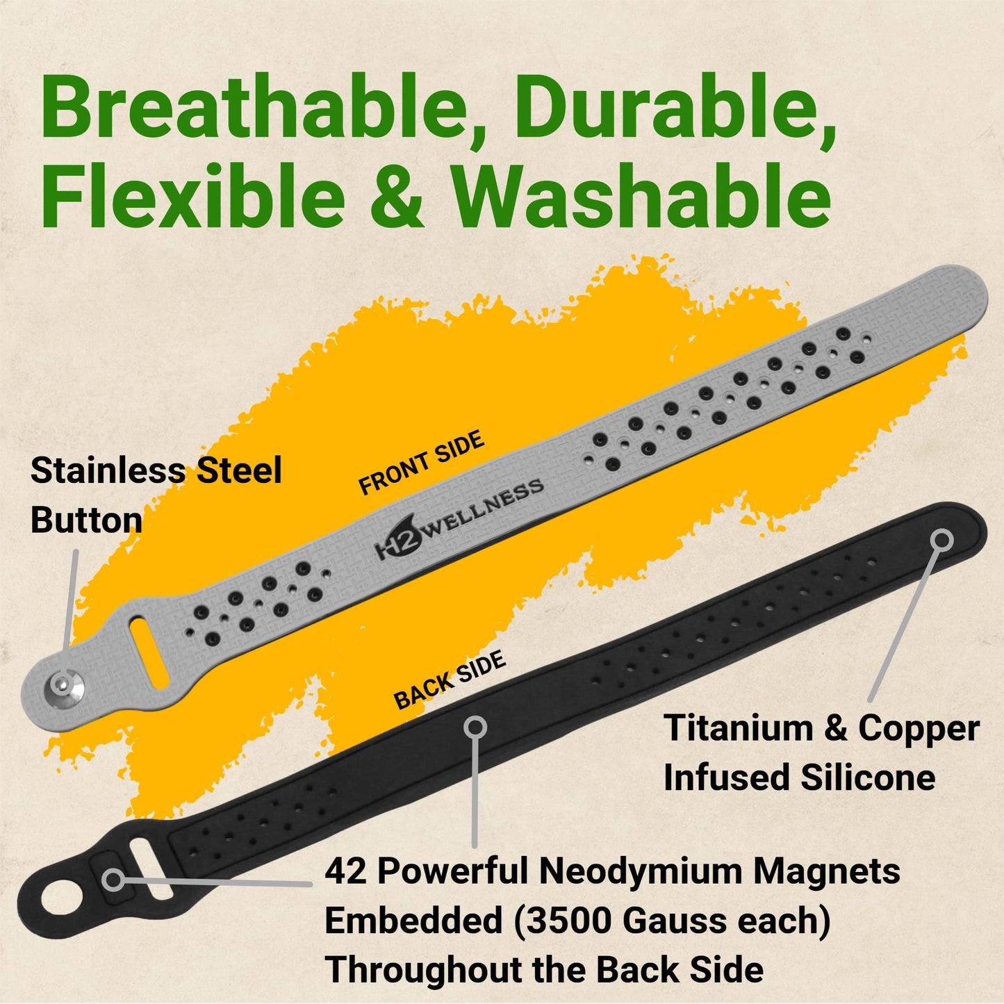 H2WELLNESS Magnetic Therapy Bracelet Super Ultra Strength Waterproof Breathable Comfortable Adjustable Infused with Titanium and Copper Sport Band (Gray)