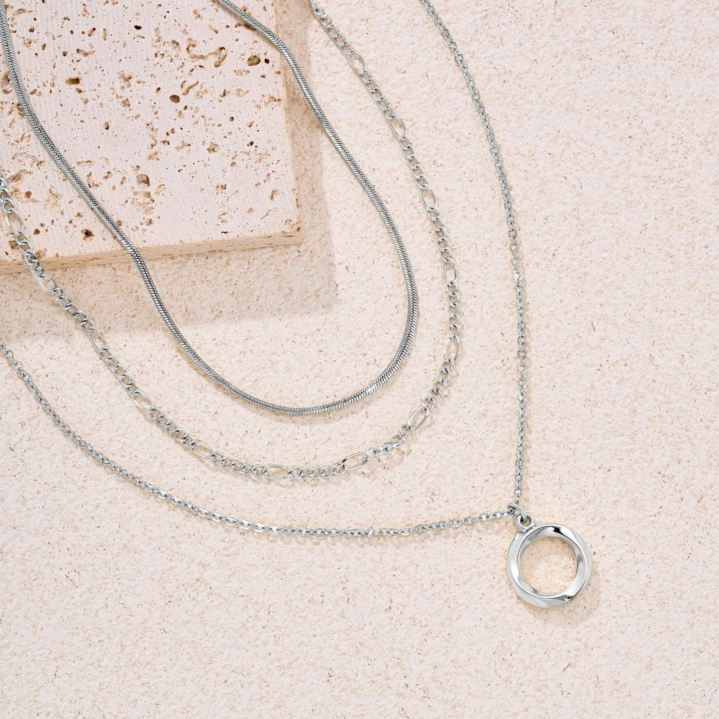 LANE WOODS 3-Piece Layered Gold Necklace Set for Women, 14k Gold Plated Dainty Circle Pendant Choker Stackable Jewelry, Adjustable Trendy Necklaces Gift for Wife Mom