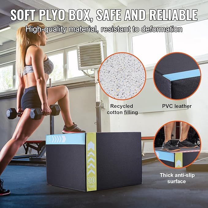 VEVOR 3 in 1 Plyometric Jump Box, Cotton Plyo Box, Platform & Jumping Agility Box, Anti-Slip Fitness Exercise Step Up Box for Home Gym Training, Conditioning Strength Training, Multiple Sizes, Black