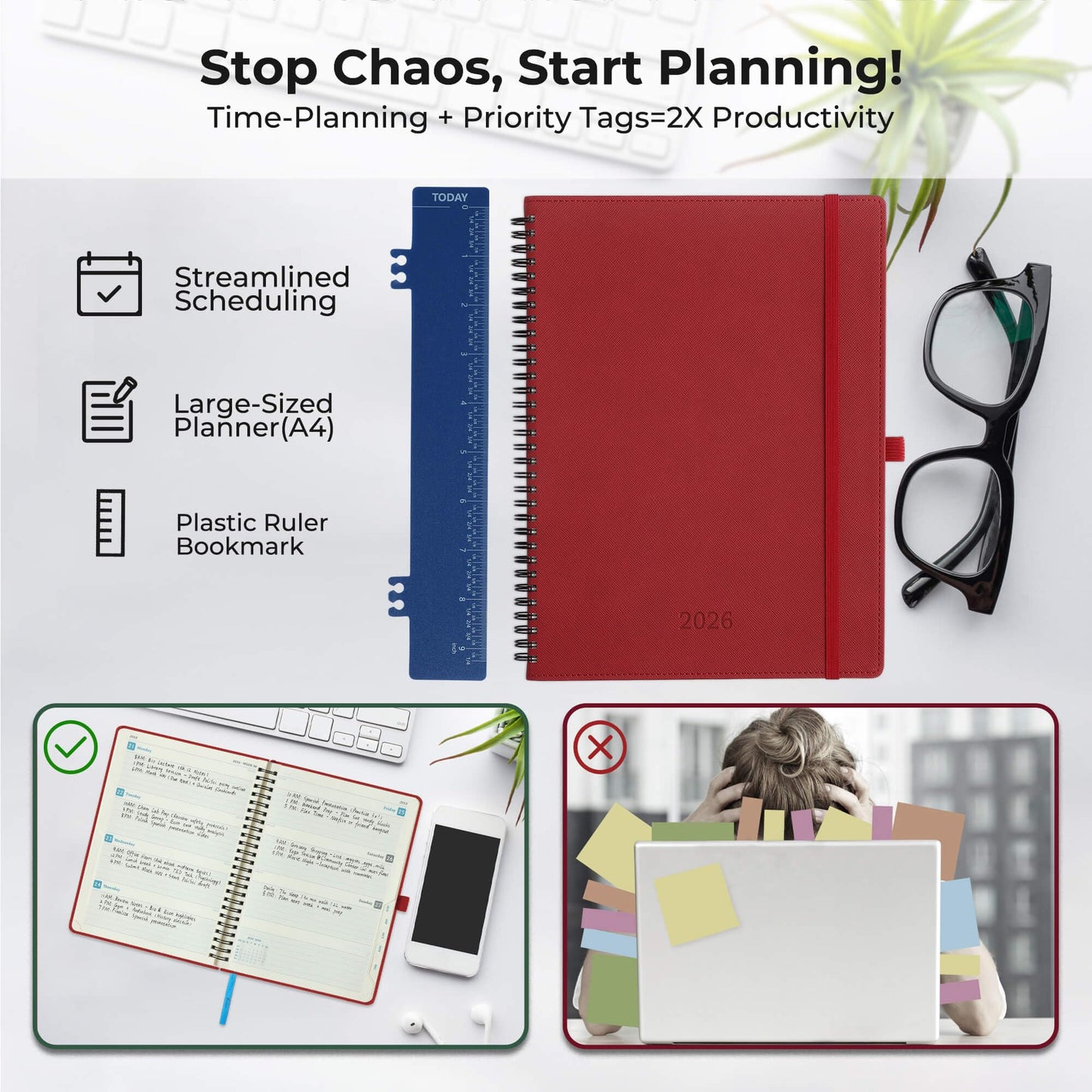 IN-LUXPRO Planner 2026 Daily Weekly and Monthly,11.5"x8.5",12 Months Spiral Bound Calendar Agenda with Self-adhesive Pen Holder,2026 Appointment Book with Vegan Leather Soft Cover,Red