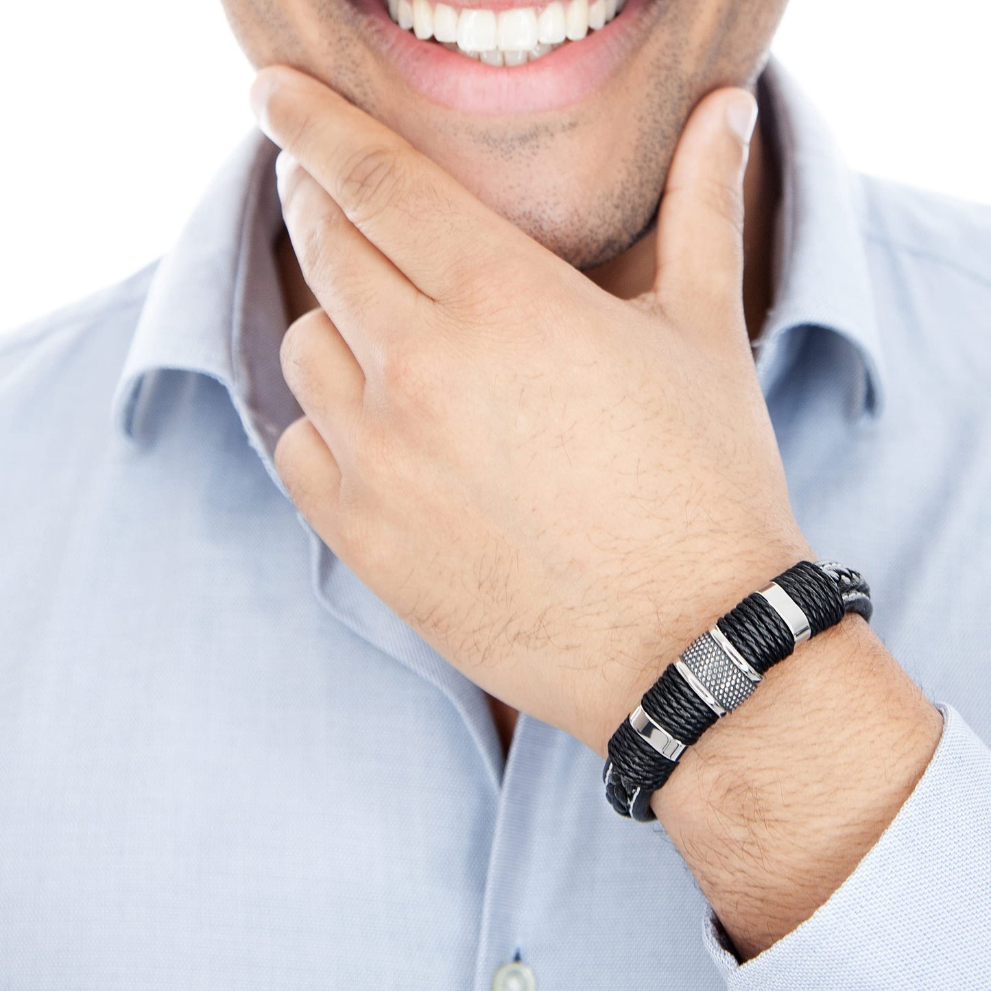 SERASAR Pulsera de cuero plateado 20cm para hombre idea regalo, genuino, caja cierre magnetico ajustable