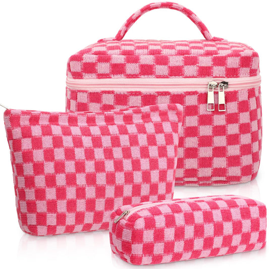 Gilprop 3 Pcs Knit Checkered Makeup Bags Zipper Cosmetic Bag for Purse Large Travel Toiletry Bag Organizer Portable Accessory Pouch Brush Bags Pencil Case for Women (Hot Pink)