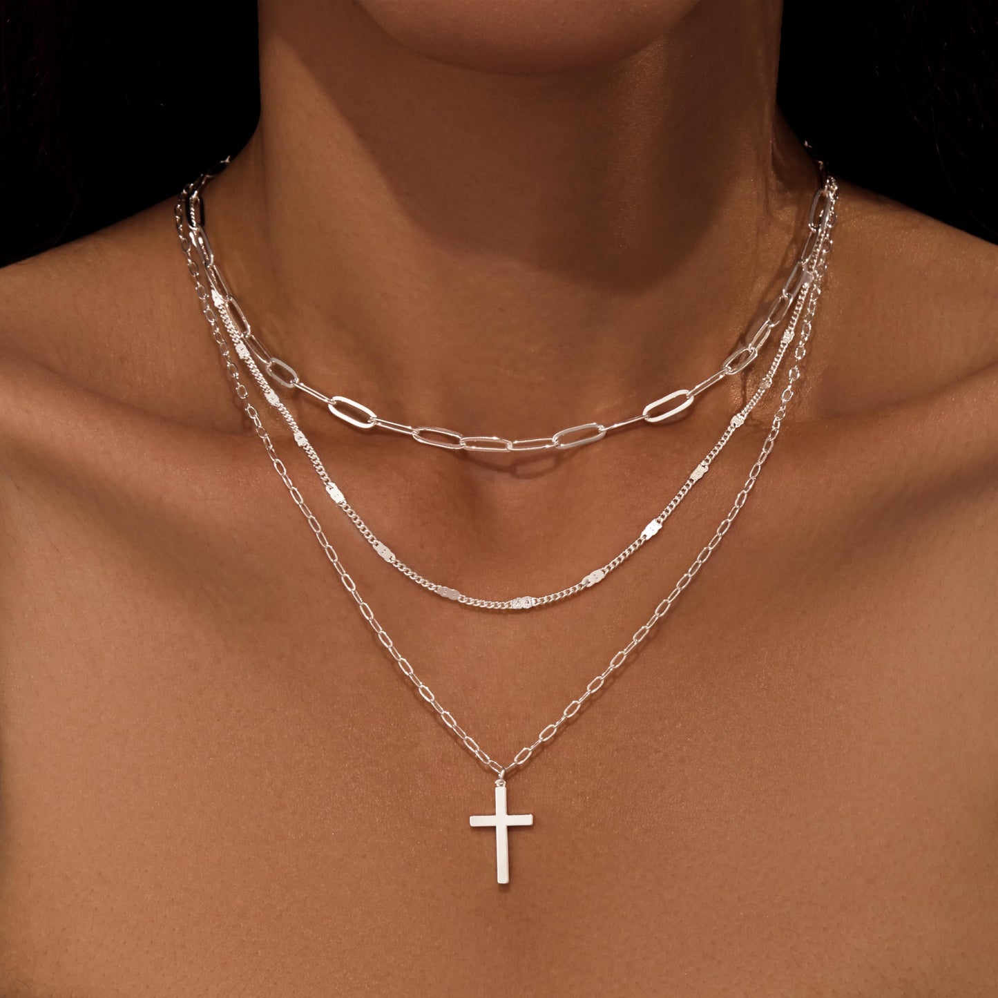 Layered Silver Cross Necklaces for Women, Silver Plated Dainty Stackable Choker Paperclip Necklaces for Women,Trendy Layering Cross Pendant Thin Dot Chain Necklace Set Jewelry Gifts for Women