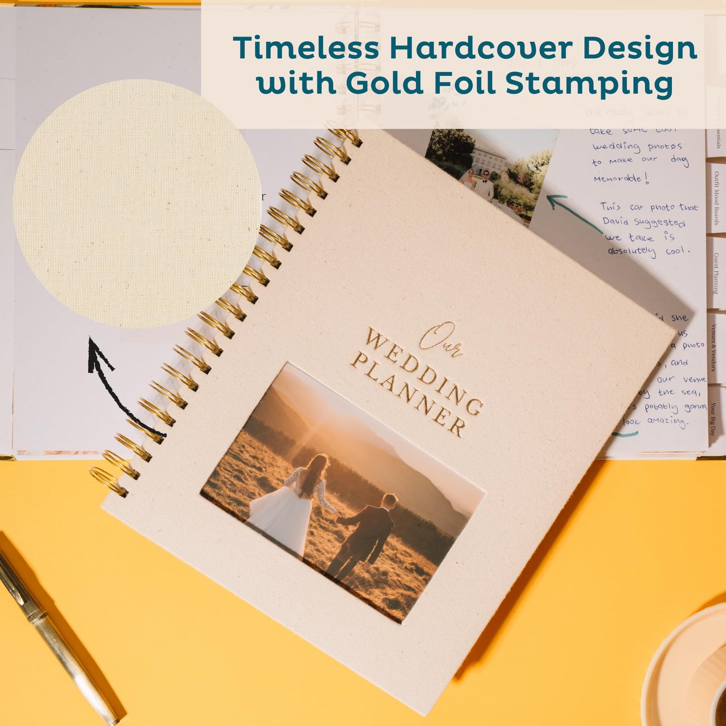 Timeless Premium Linen Wedding Planner Book and Organizer – Wedding Planning Book, Comprehensive Keepsake & Countdown Binder, Perfect Engagement Gift for Women, Customizable Front Photo Window (Cream Speckles)