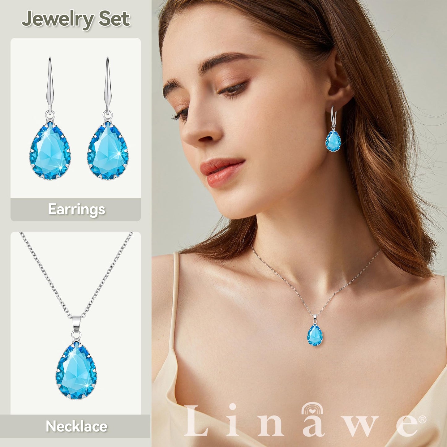 Linawe Silver Jewelry Sets for Women, Aquamarine Blue Necklace and Earring Set, Birthstone Crystal Imitation Diamond Pendant Necklace Set, Tear Drop Earrings Jewelry Set Costume