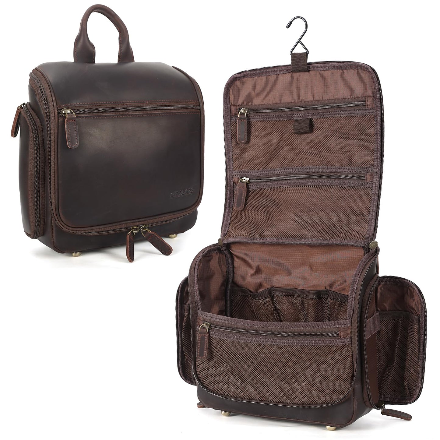 Polare Full Grain Leather Toiletry Bag Travel Hanging Organizer Case Shaving Kit Wash Bag Makeup Cosmetic Dopp Kit with YKK Zippers