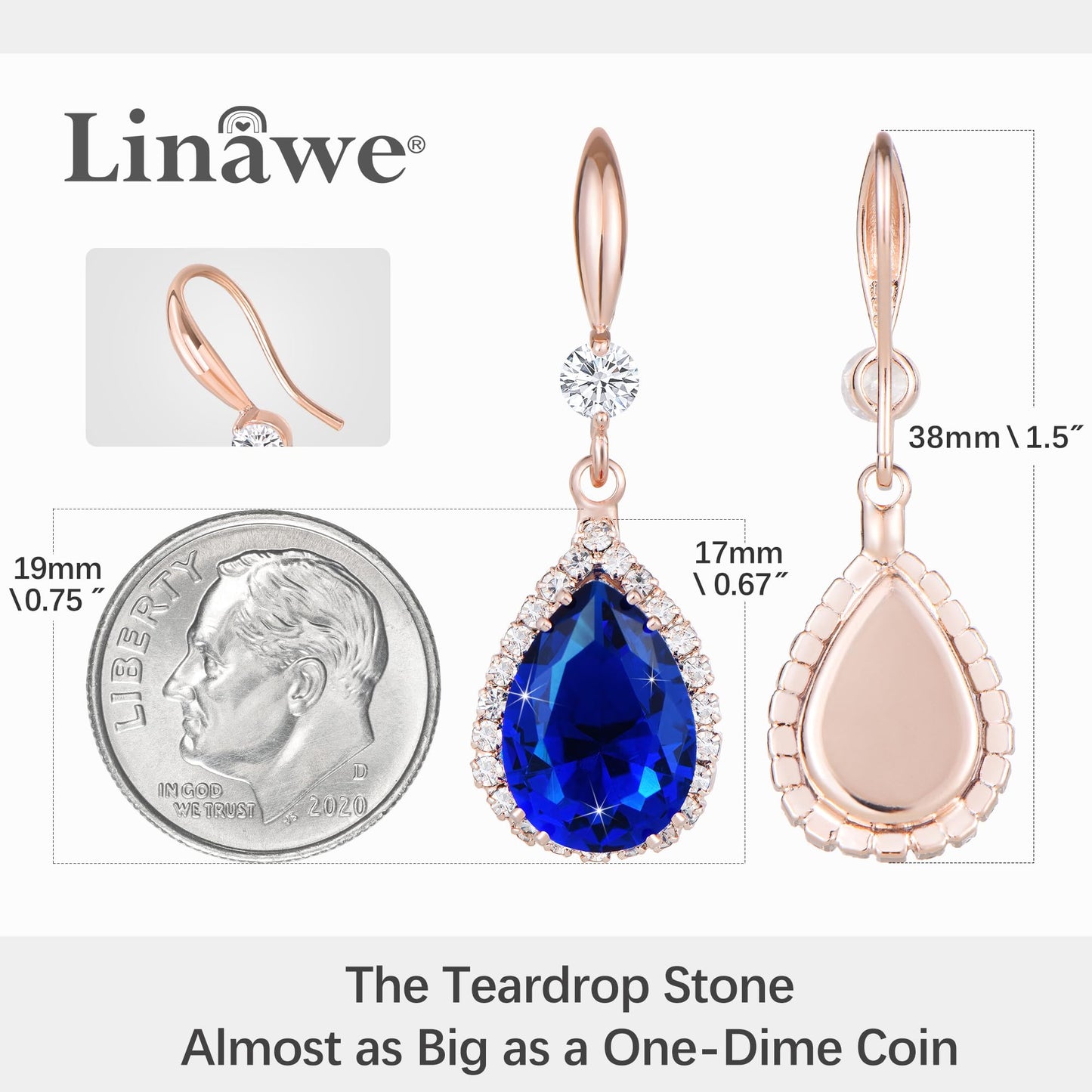Linawe Sapphire Blue Earrings for Women Rose Gold, Imitation Diamond Drop Dangle Earrings, Chandelier Rhinestone Cubic Zirconia Crystal Teardrop Earrings, Wedding Jewelry Set