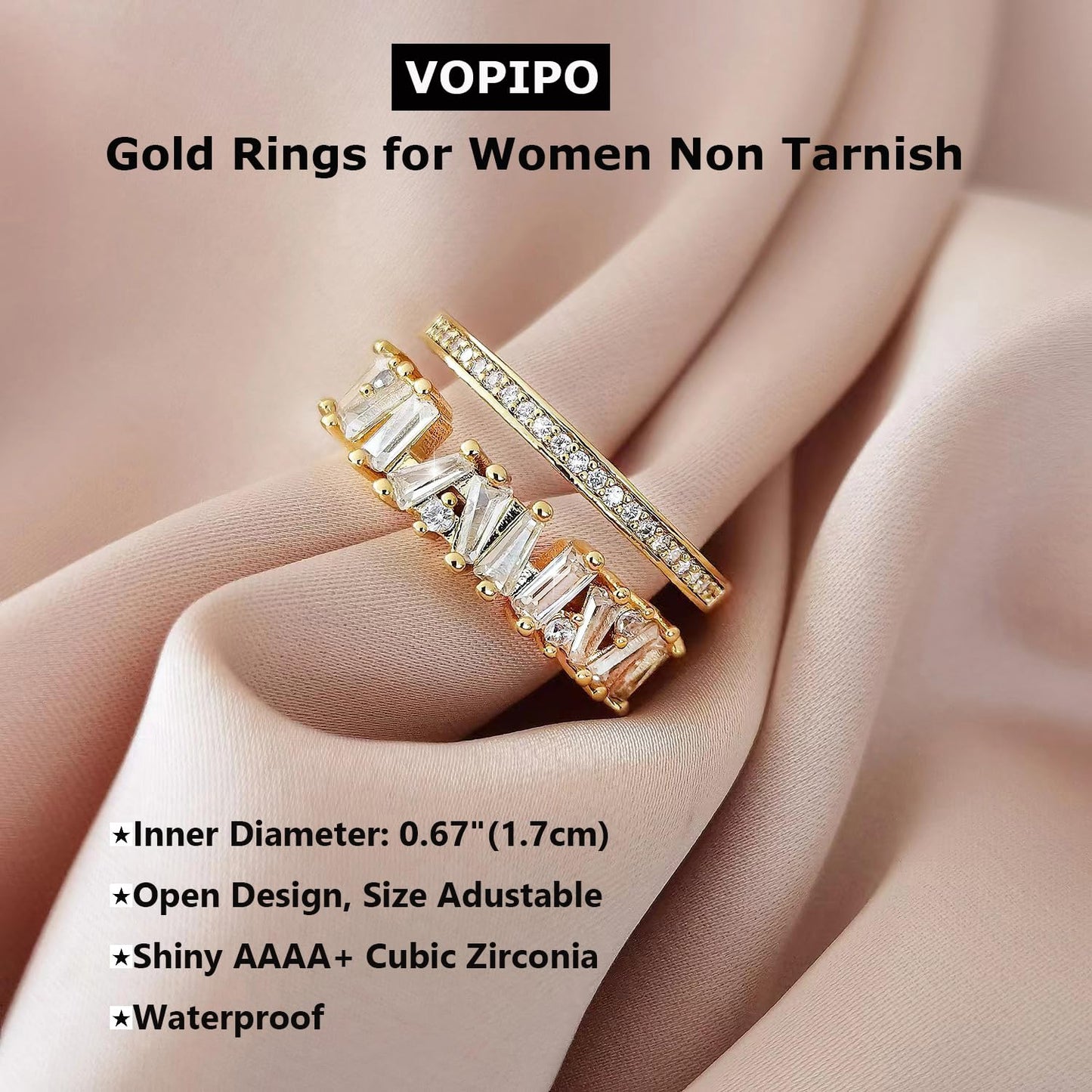 VOPIPO Dainty Double Cubic Zirconia Open Finger Rings for Women 18K Gold Plated Adjustable Trend CZ Rings Personalized Minimalist Stacking Rings Jewelry Gifts