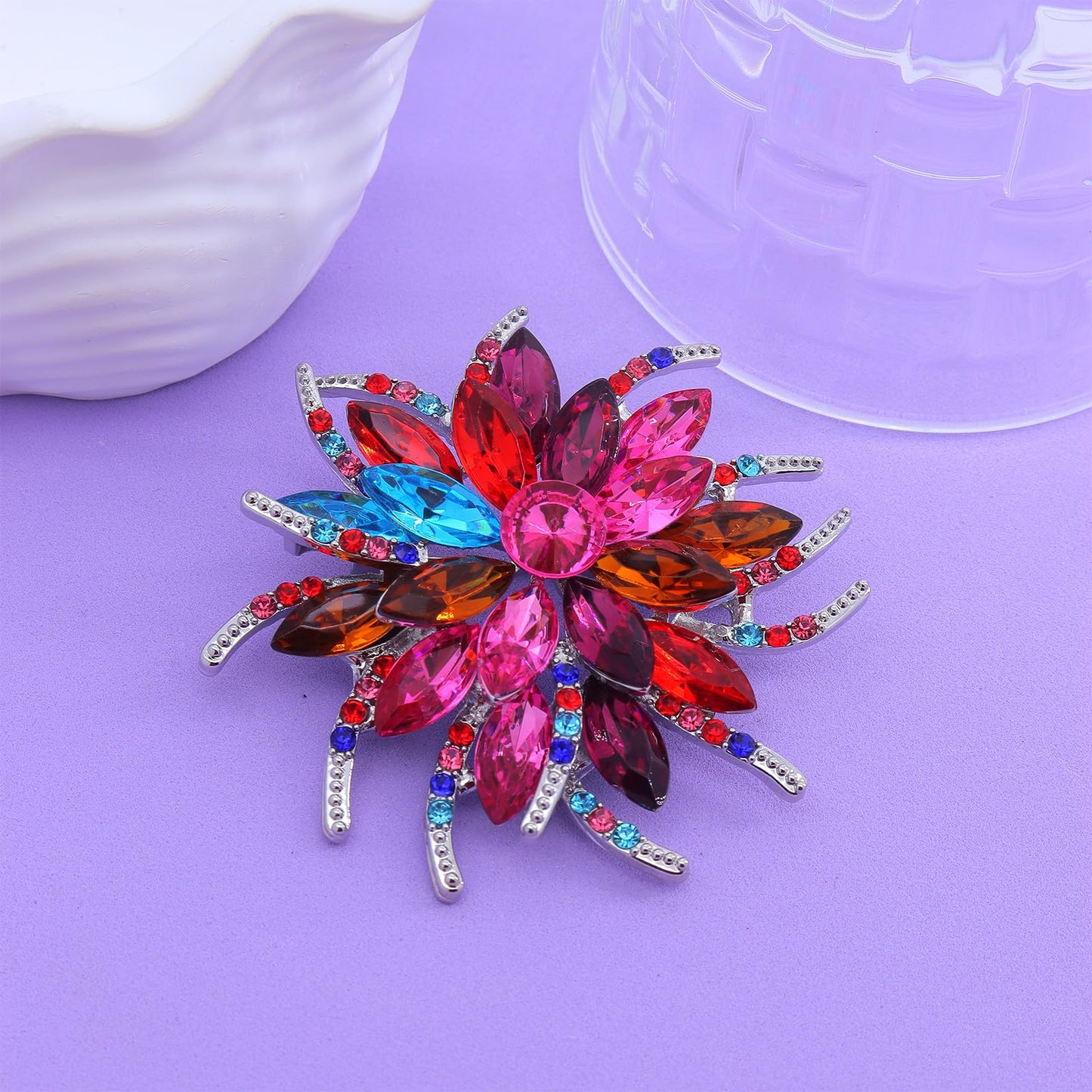 Rhinestone Large Flower Brooches Pins for Women Fashion Sparkly Crystal Sunflower Statement Brooch Unique Wedding Party Suit Dress Jewelry Accessories(Colourful)