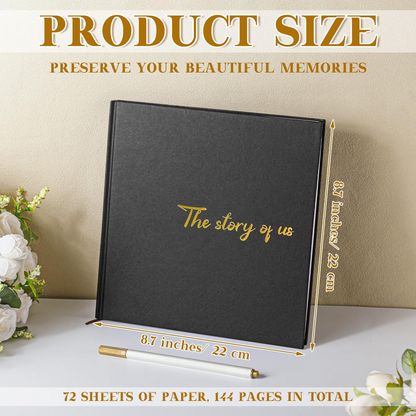 Colarr Hardcover Couples Scrapbook 144 Pages 8.7 x 8.7" Wedding Couples Photo Album Scrapbook Journal for 1 Year Wedding Memory Anniversary Photo Book Gift with 2 Markers(Black)