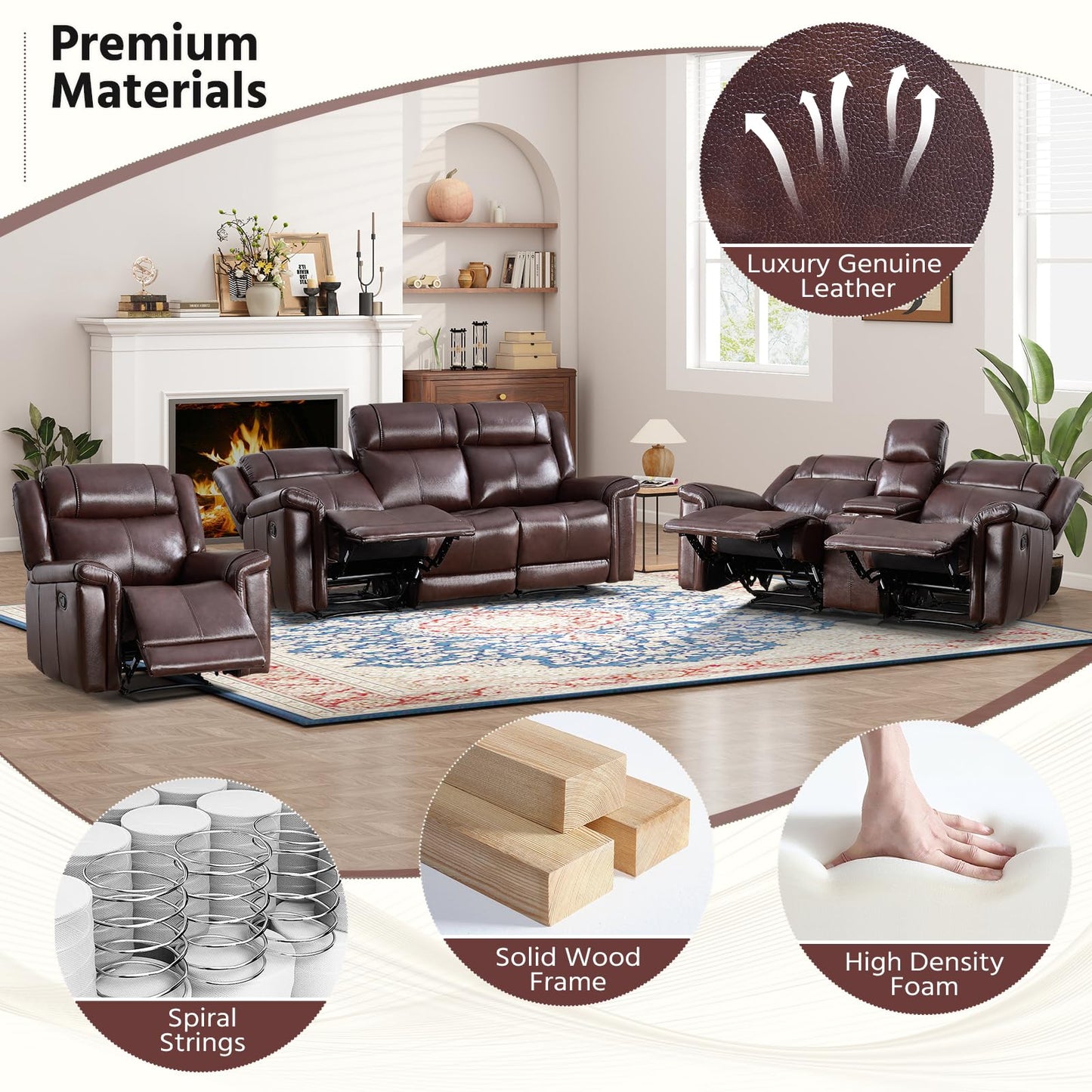 ANJ Premium Genuine Manual Reclining Sofa Set, Included Single Recliner Chair and Loveseat 2-Seater Couch Set of 2 with Hidden Storage& Cup Holders, 3-Piece Living Room Furniture Set, Rust Brown