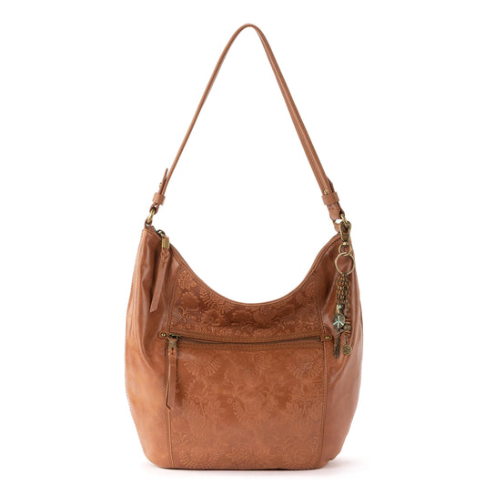 The Sak Sequoia Hobo Bag in Leather, Single Shoulder Strap, Tobacco Floral Emboss