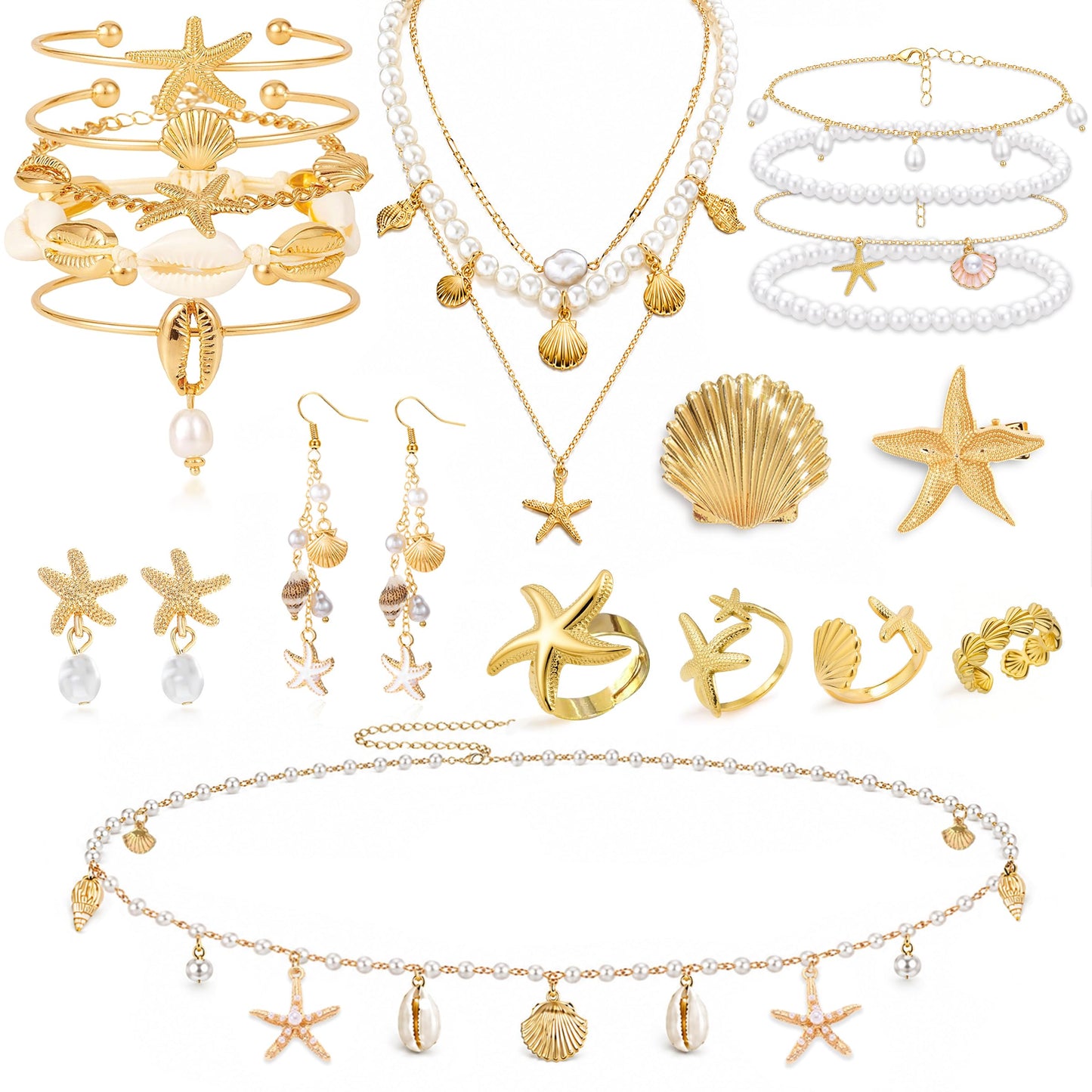 Womylufy 23 Pcs Pearl Mermaid Beach Jewelry for Women, Seashell Starfish Layered Necklace Earrings Bracelets Rings Anklets Waist Chain Hair Clips Set, Summer Vacation Boho Accessories