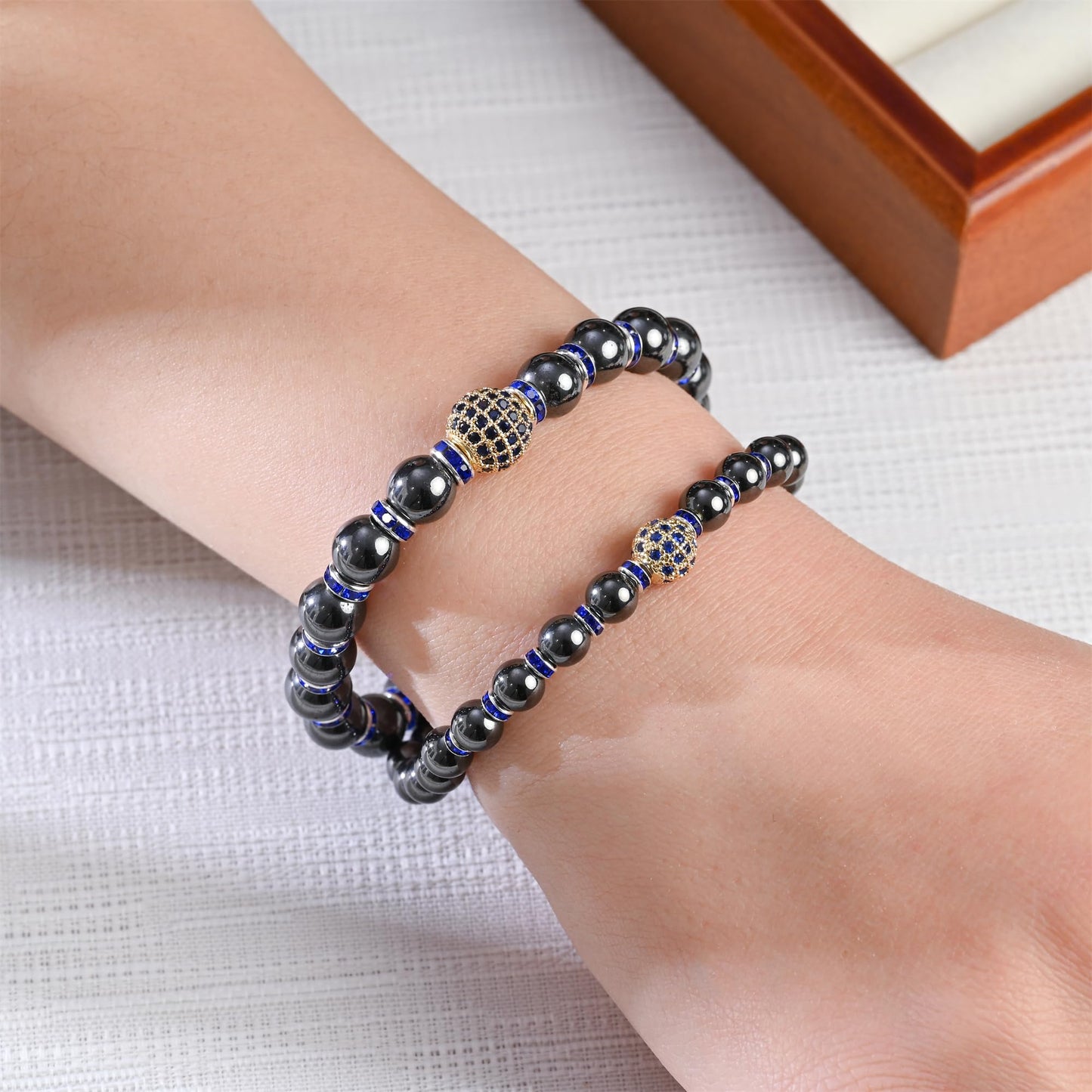 Apocalyptic-K Women's Magnetic Bracelet，Hematite Bracelets，Magnetic Bracelets With Zirconia,Handmade Stretch Bracelet，Eliminates static electricity. (6MM Blue &8MM Zirconia)
