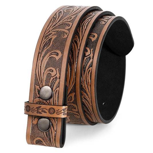 UpFind Men Women Western Belt Strap for Jeans Dress Cowboy Cowgirl Floral Embossed Leather Belt Strap without Buckle 1.5" Wide,Brown