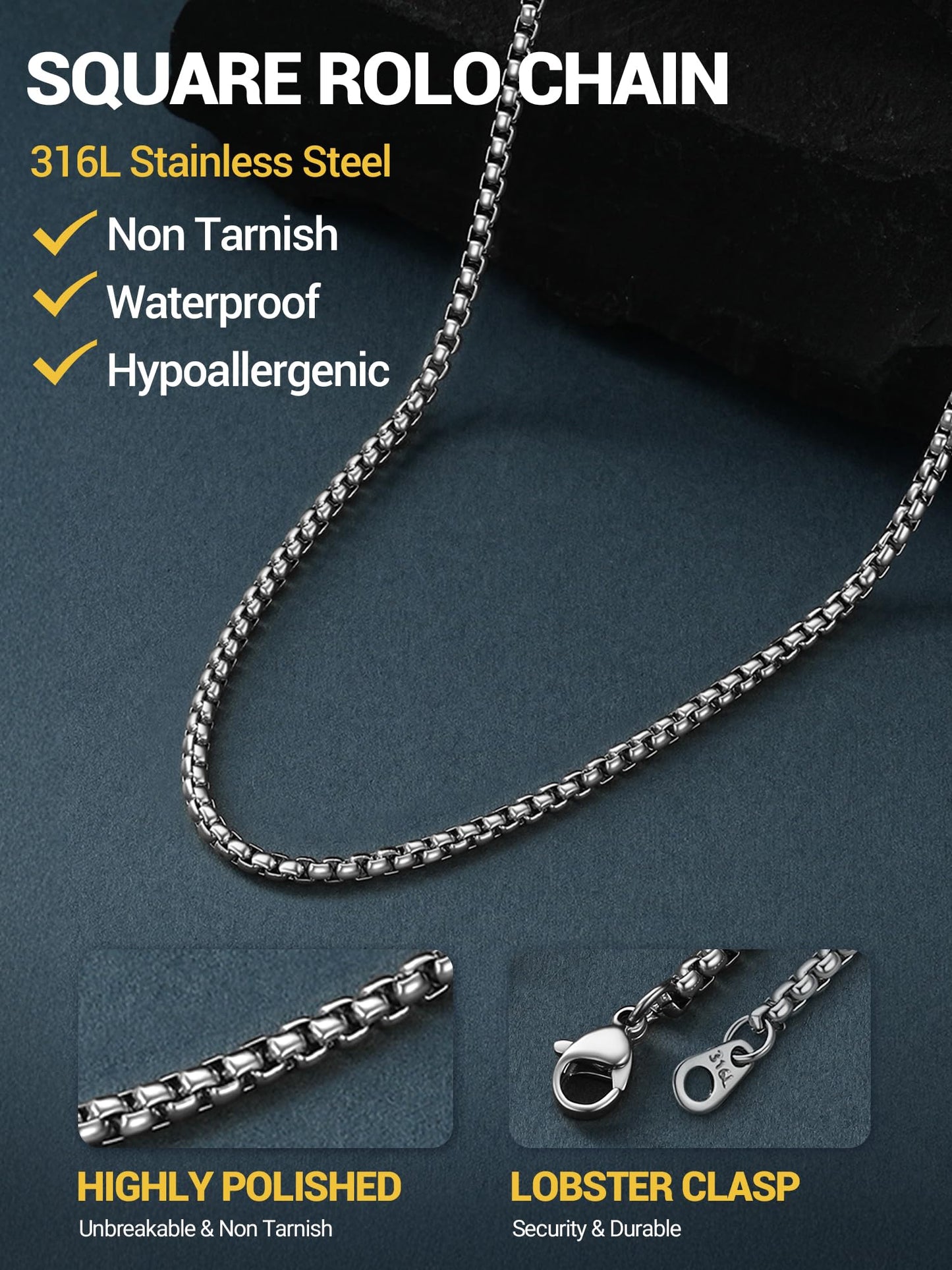 PROSTEEL Mens Chain Necklace, Squre Rolo Link Chains Stainless Steel Necklace 2mm Waterproof & Strong Lobster Clasp Men and Women Jewelry with Gift Box 30in