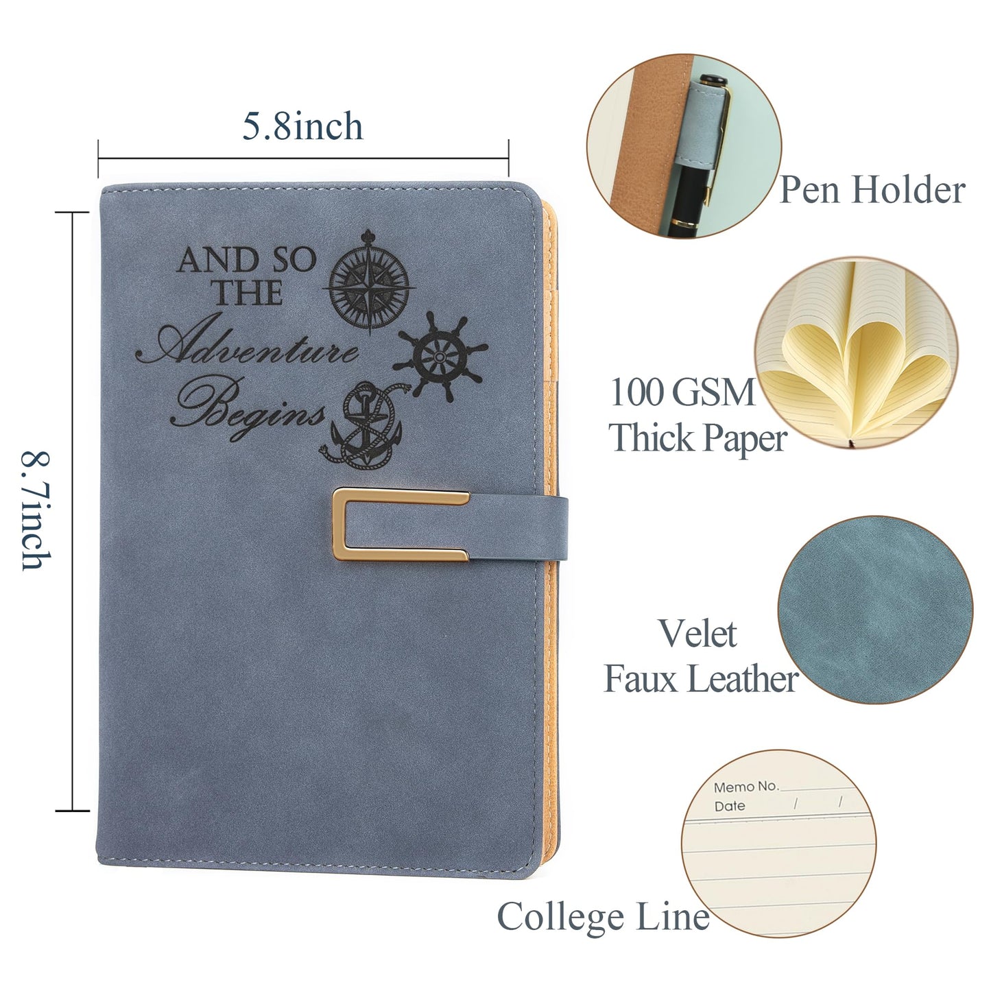 Fanery Sue Refillable Adventure Travel Journal For Women & Men Faux Leather Hardcover A5 Travel Notebook College Ruled 200 Lined Pages Lay-Flat Diary With Pen & Magnetic Buckle（Adventure - Blue