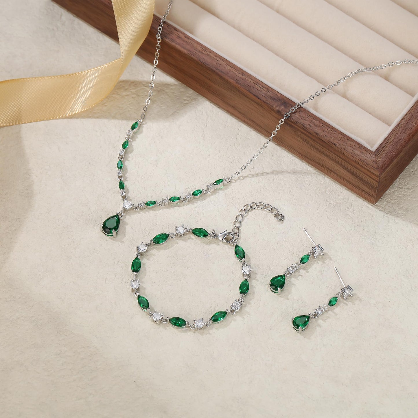 EVER FAITH Green Cubic Zirconia Costume Party Jewelry for Women, Sparkly CZ Birthstone Elegant Teardrop Wedding Necklace Dangle Earrings Bracelet Set for Bridesmaid