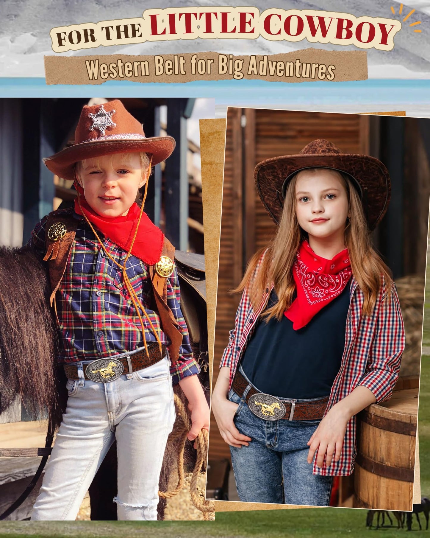 AWAYTR Kids Ratchet Western Belt - PU Leather Cowboy Belt Adjustable Toddler to Big Kid Sizes for Jeans (Gunmetal Gold Horse-Dark Brown, Fit Waist: 23"-26")