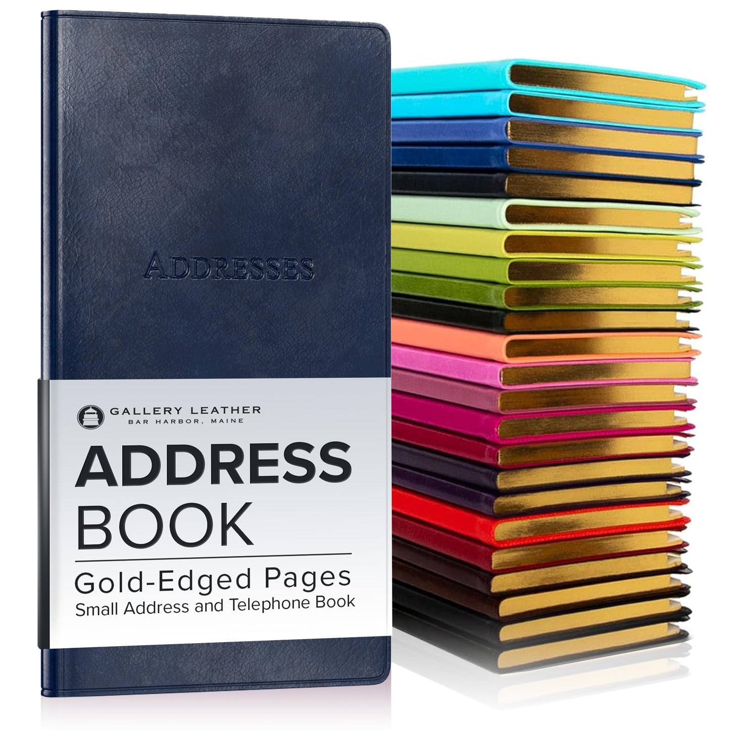 Gallery Leather Small Address Book with Alphabetical Tabs up to 403 Records, Leather Notebook Hardcover, Telephone and Address Books - 6x3.25", Pocket Address, Acadia Navy