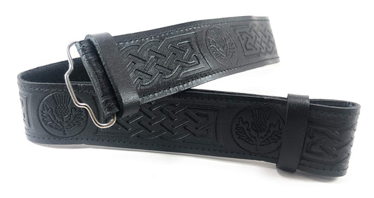 KSUC Black Leather Scottish Highland Kilt Belt With Thistle Embossed Design (Extra Large)