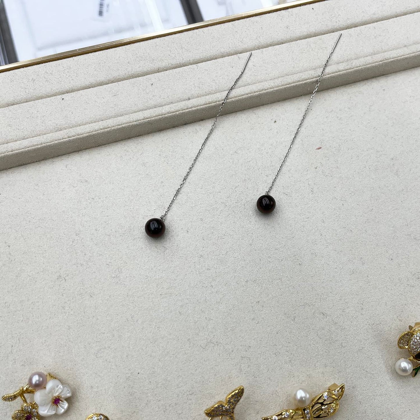 Alevel 7-7.5mm Freshwater Cultured Black Round Pearl, 925 Sterling Silver Plated with 18K White Gold, Drop Earrings Long Chain Ear Line