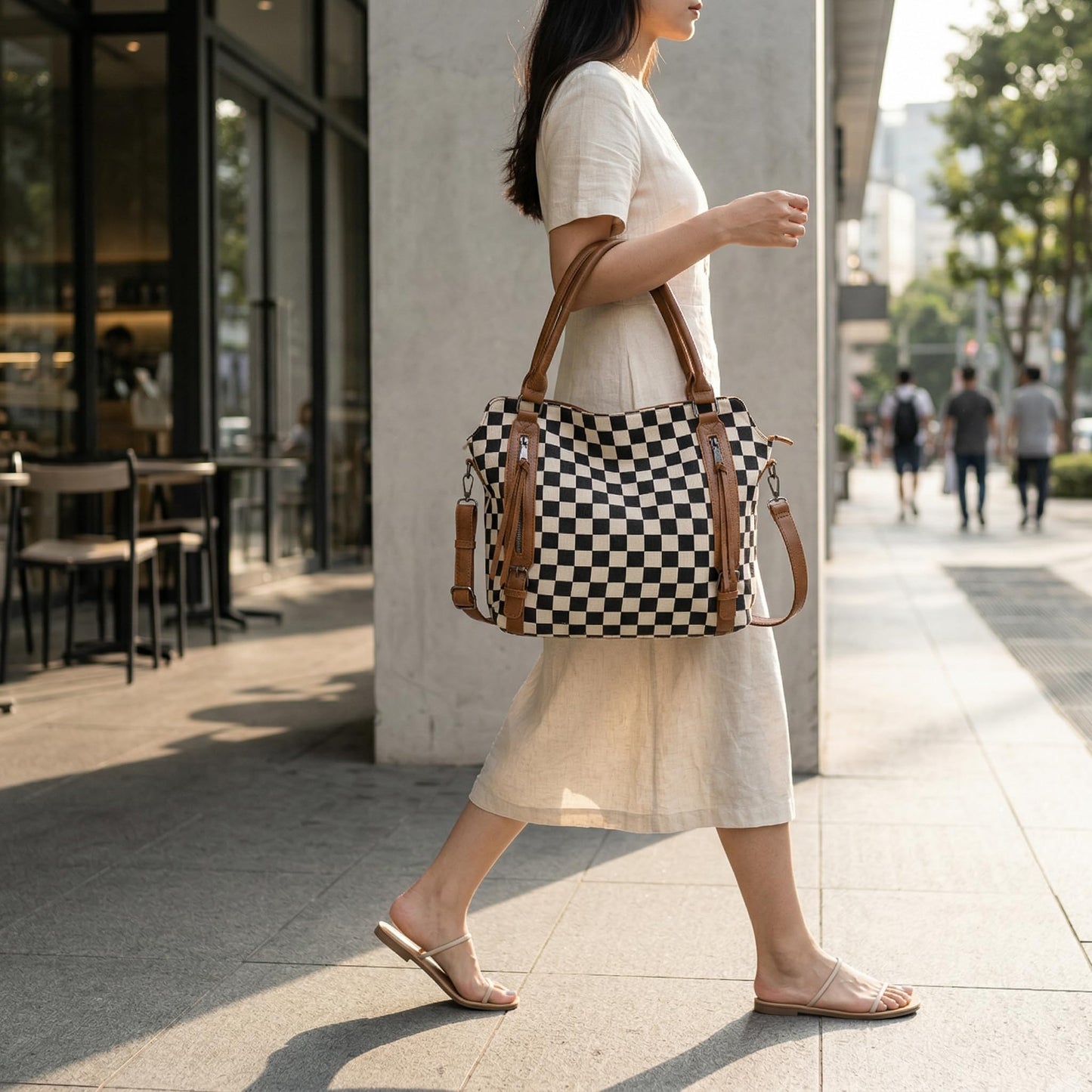 Checkered Crossbody Bag, Checkered Purse, Large Capacity Shoulder Bag, Handbag with Wallet and Cherry Charm