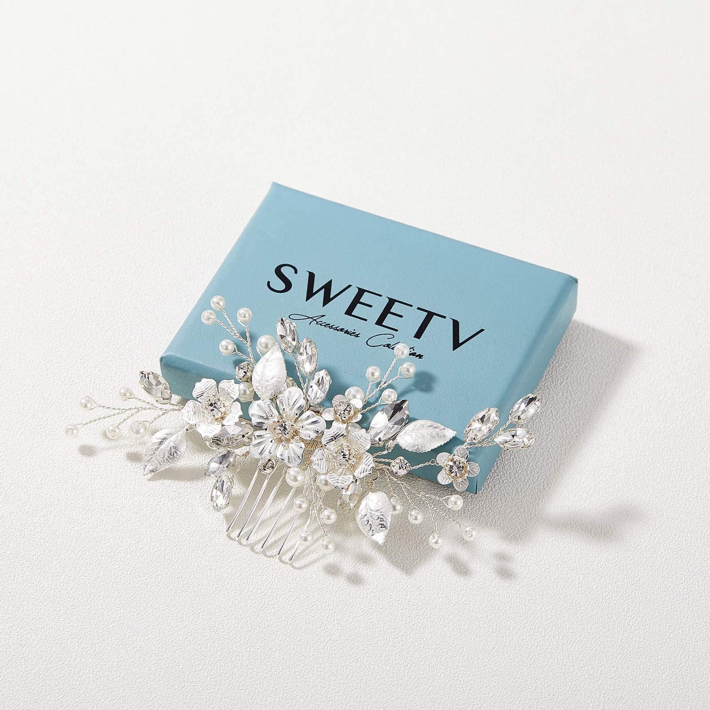 SWEETV Silver Bridal Hair Comb for Wedding Hair Accessories, Handmade with Crystals, Pearls, and Leaves, 4.72 x 2.75 inches, for Brides, Women