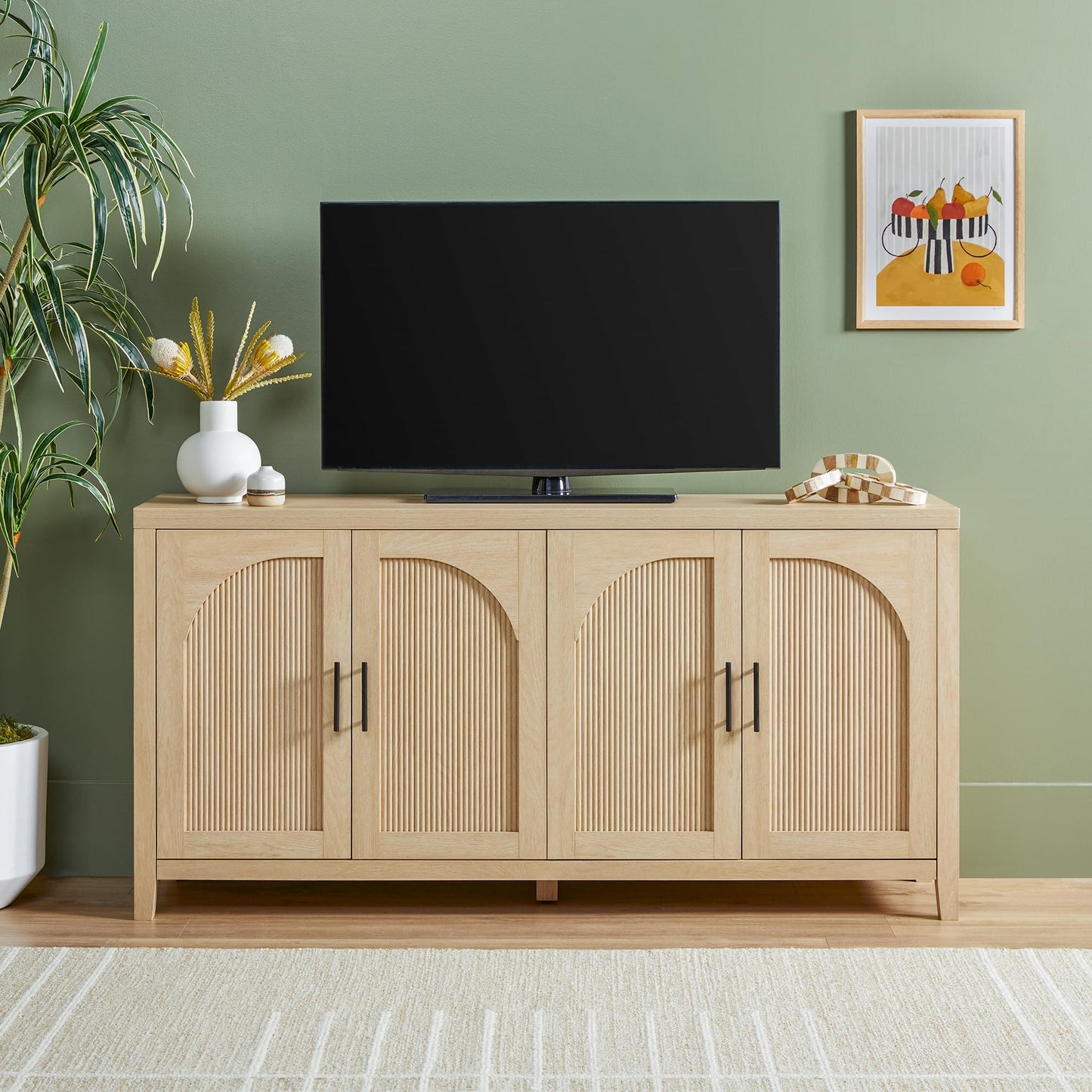 Walker Edison Sasha 4-Door Reeded Sideboard Buffet with Cord Management, 60 Inch, Coastal Oak
