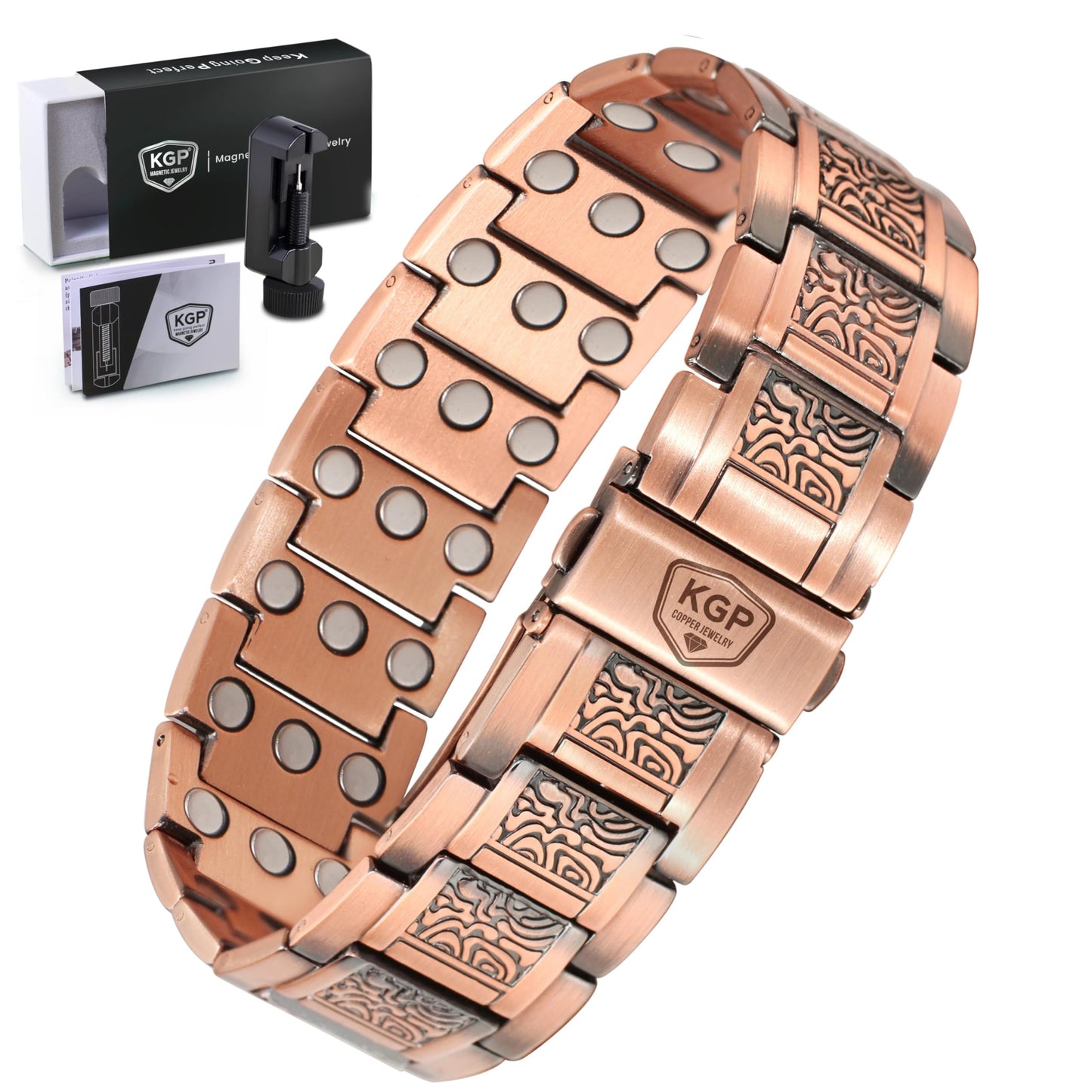 KGP® Vintage Magnetic Copper Bracelet for Men, 99.99% Pure Copper Therapy Bracelet with 3800 Gauss Magnets, Adjustable Healing Magnetic Bracelet Jewelry with Gift Box