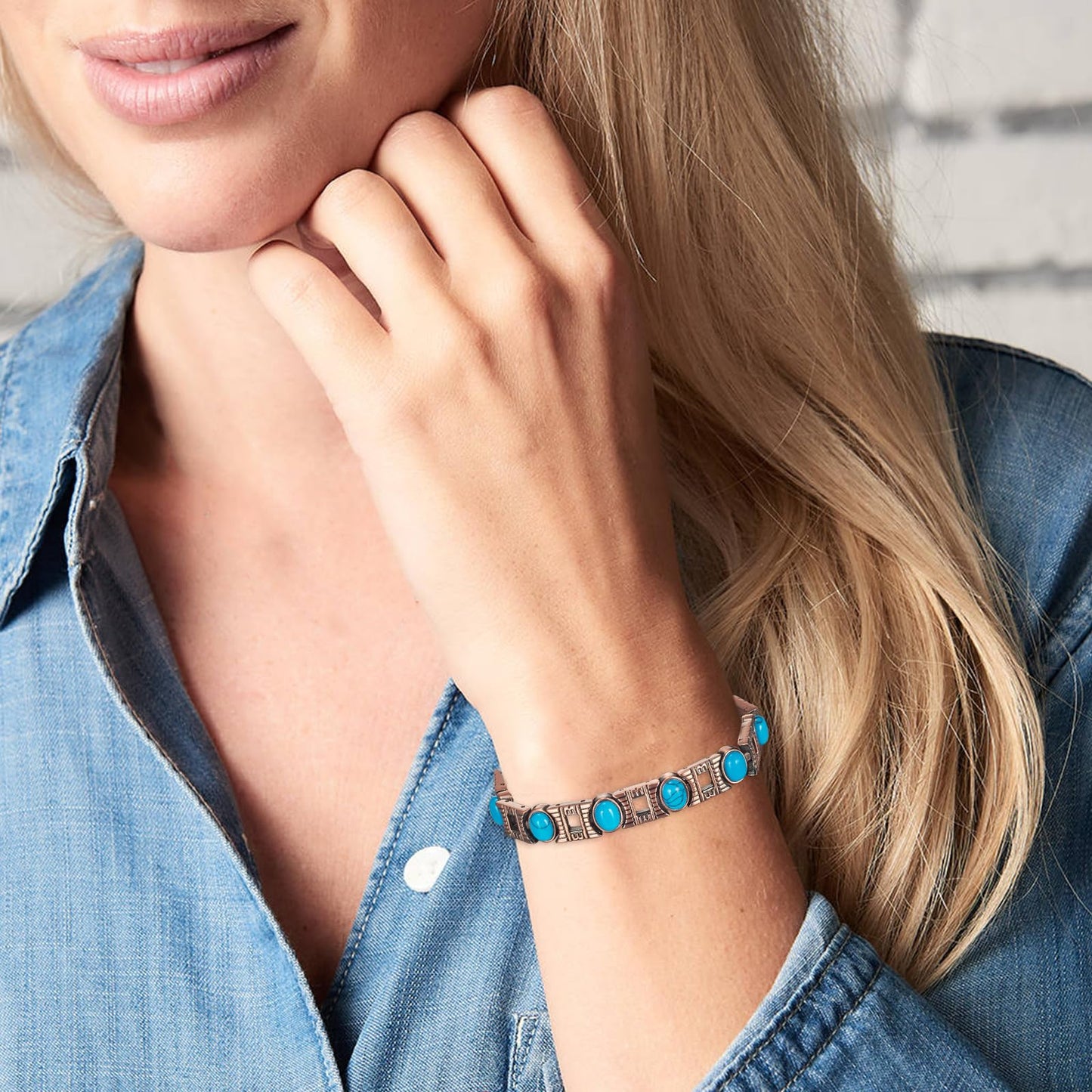EnerCoppeX Copper Magnetic Bracelet for Women - Turquoize Detox Jewelry with 3500 Gauss Magnet (H)