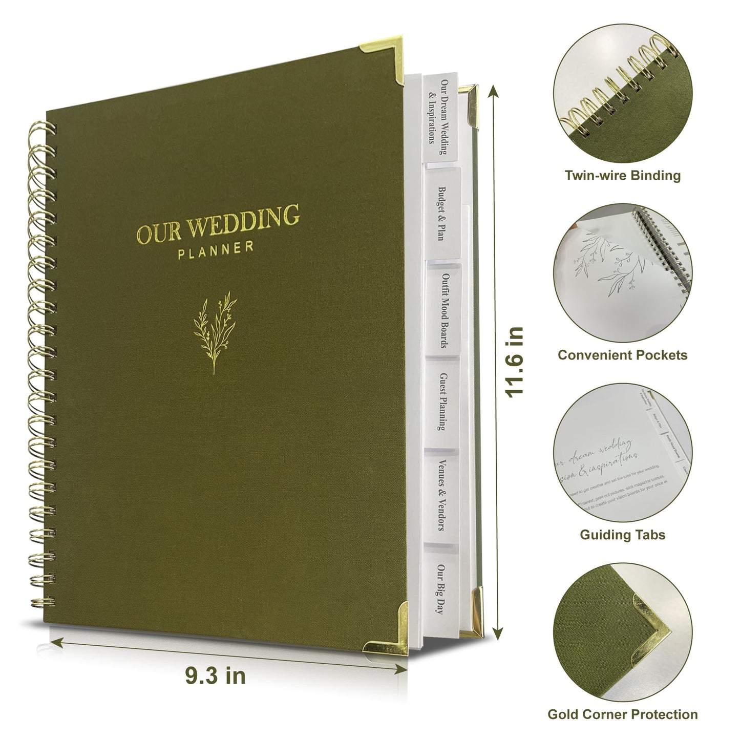 LADY&HOME Wedding Planner Book and Organizer, Linen Cover Wedding Planner Binder, Engagement Gift for Couples, Bride to be Gifts with Calendars, Checklist and Pockets(Emerald Green)