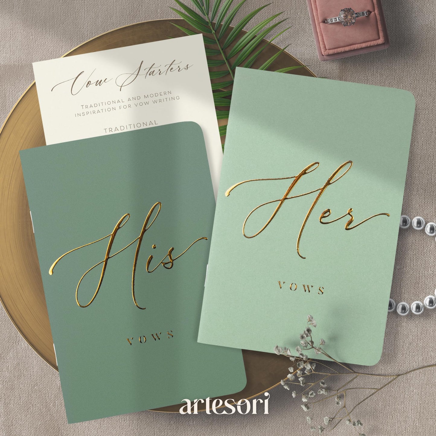 ARTESORI Premium Wedding Vow Book for Her & Him, Soft Touch, Gold Foil, 28 Lined Pages, Vow Books His and Hers, Wedding Essentials, Wedding Registry Ideas, His and Hers Gifts [Mint & Sage]