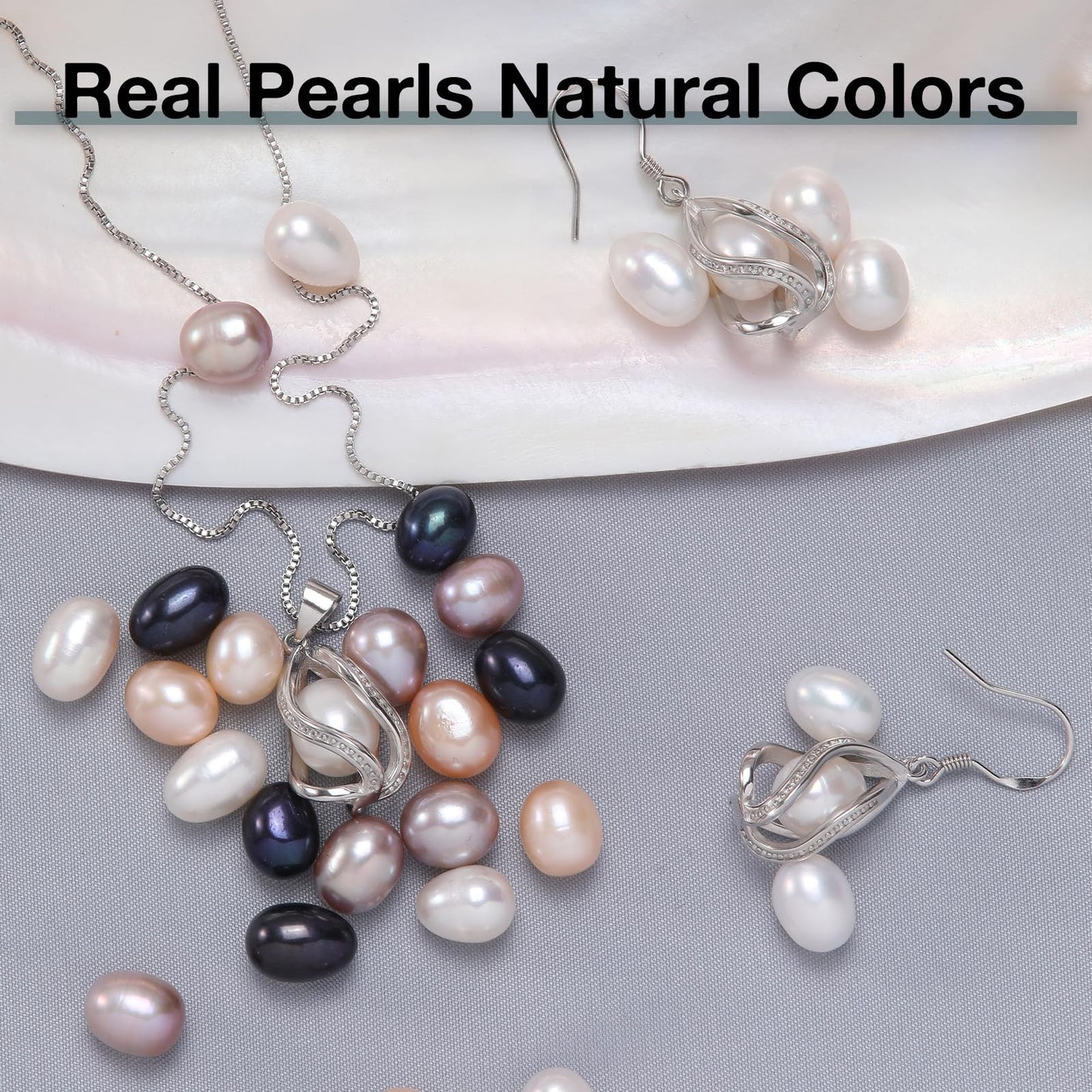 HENGSHENG Pearl Jewelry Set For Women S925 Sterling Silver Necklace & Earrings Set Freshwater Pearl Pendant Cage Set for Wedding Anniversary Prom Birthday Gift - Silvery White