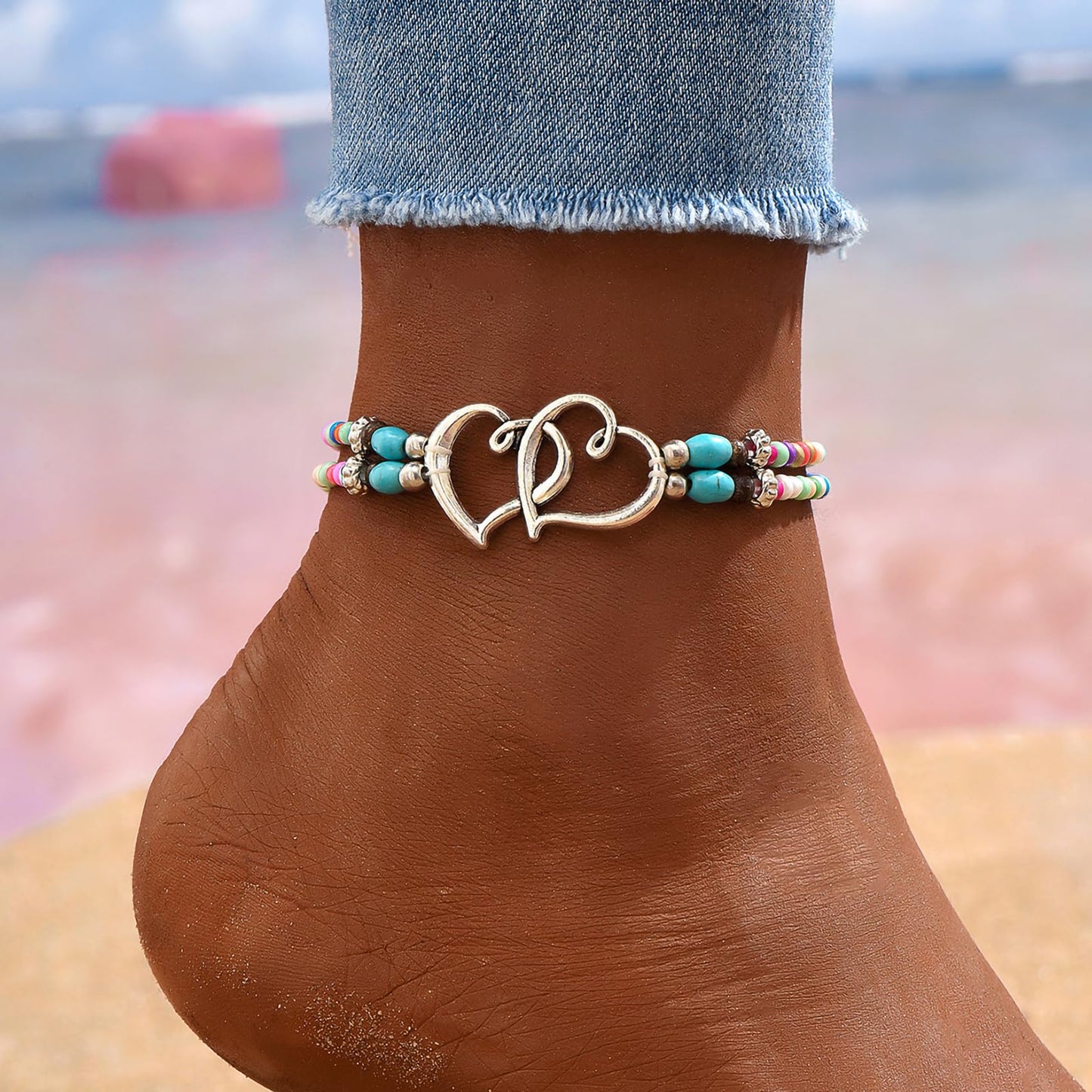 Qceasiy Shell Ankle Bracelet Set for Women, Boho Bead Adjustable Anklet, Hawaiian Beach Seashell Pearl Heart Starfish Conch Foot Jewelry Gifts (Double Heart(Colorful))