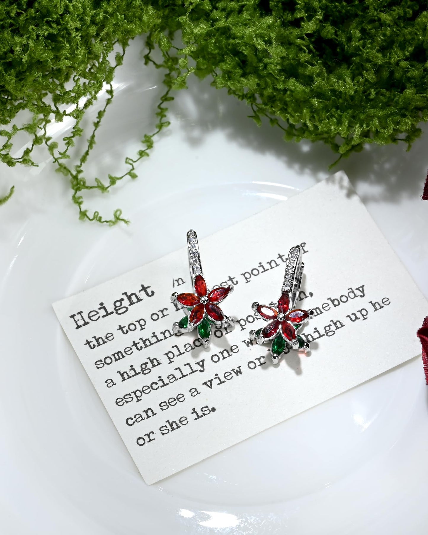 Watforsh 925 Sterling Silver Flower Earrings for Women Dangling Leverback Earrings with Red and Green Crystal Double Floral for Christmas Jewelry