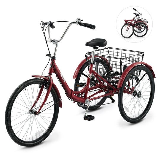 VIRIBUS Folding Tricycle for Adults, 7 Speed Folding Adult Tricycle with Detachable Wheeled Basket, Foldable 3 Wheel Bikes for Adults Women Female Seniors, Collapsible Trike, 24 inch Red, 330 lb.
