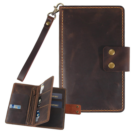 Handmade Genuine Leather Family Passport Holder | Travel Document Organizer Holds 4 Passports | Vintage Wristlet Wallet with Credit Card Slots (D.Brown)