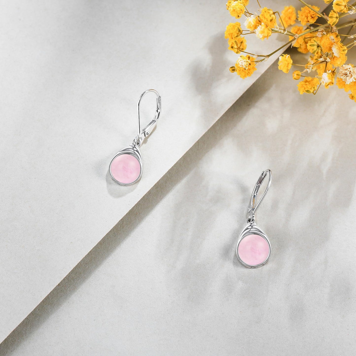 POPLYKE Rose Quartz Earrings for Women Sterling Silver Round Rose Quartz Leverback Earrings Dangle Earrings Jewelry Christmas Birthday