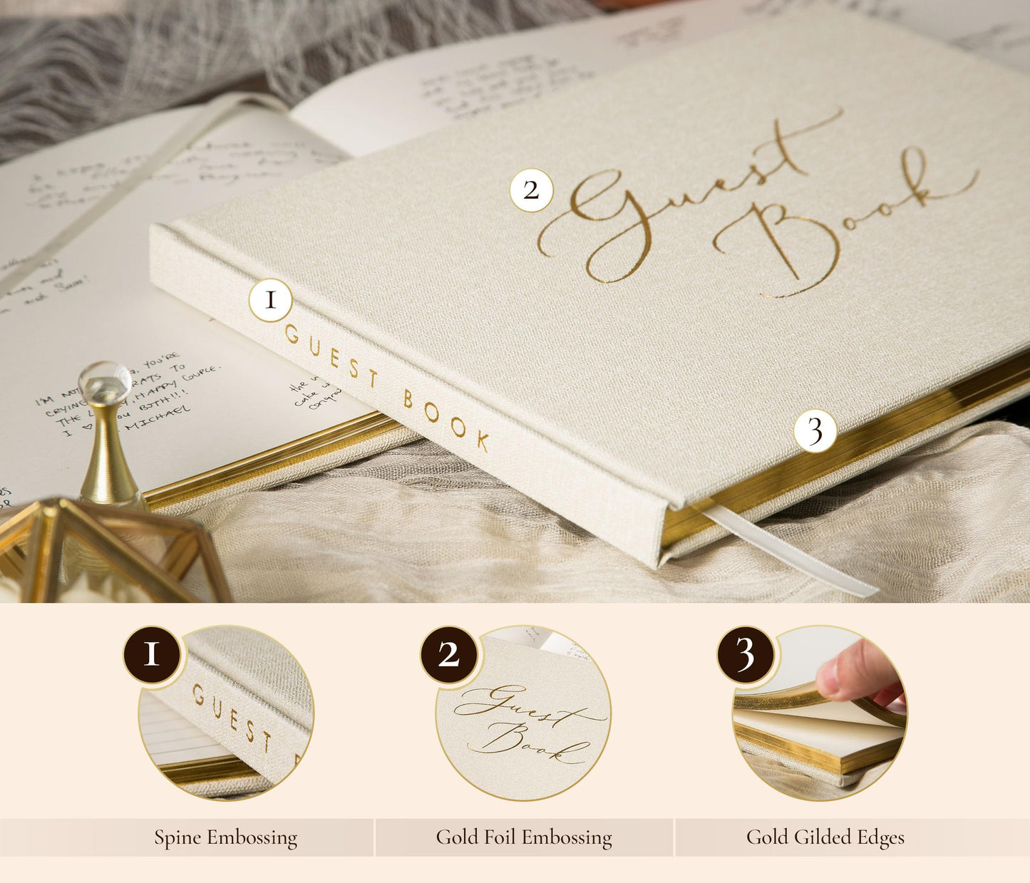 Luxury Blank Guest Book – Large 11.5x8.5” Cream Linen Hardcover with Gold Foil Embossed Cover & Gilded Edges – Unlined Wedding, Baby Shower, or Memory Book for Events