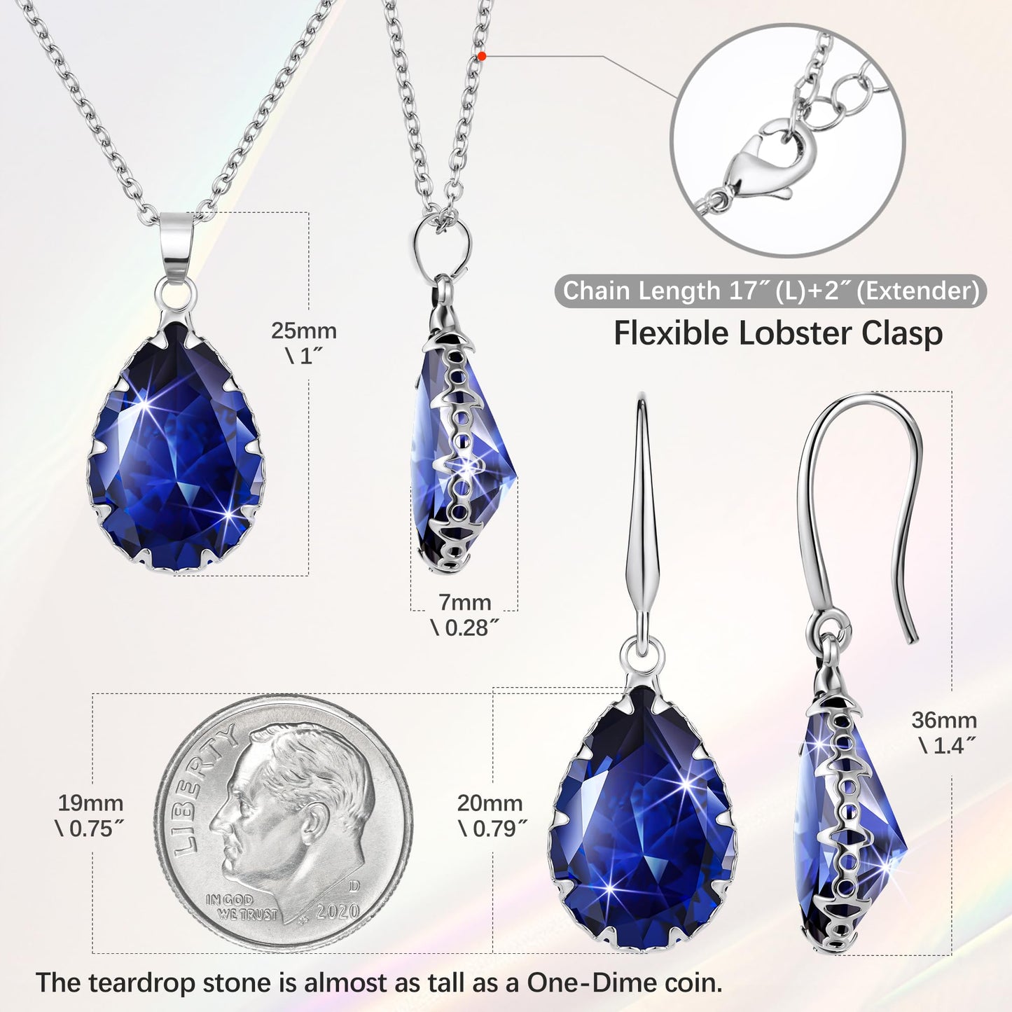 Linawe Sapphire Crystal Royal Blue Jewelry Sets Women, Silver Dangle Earrings, Imitation Diamond Pendant Necklace, Rhinestone Matching Necklace, Teardrop Cubic Zirconia Birthstone