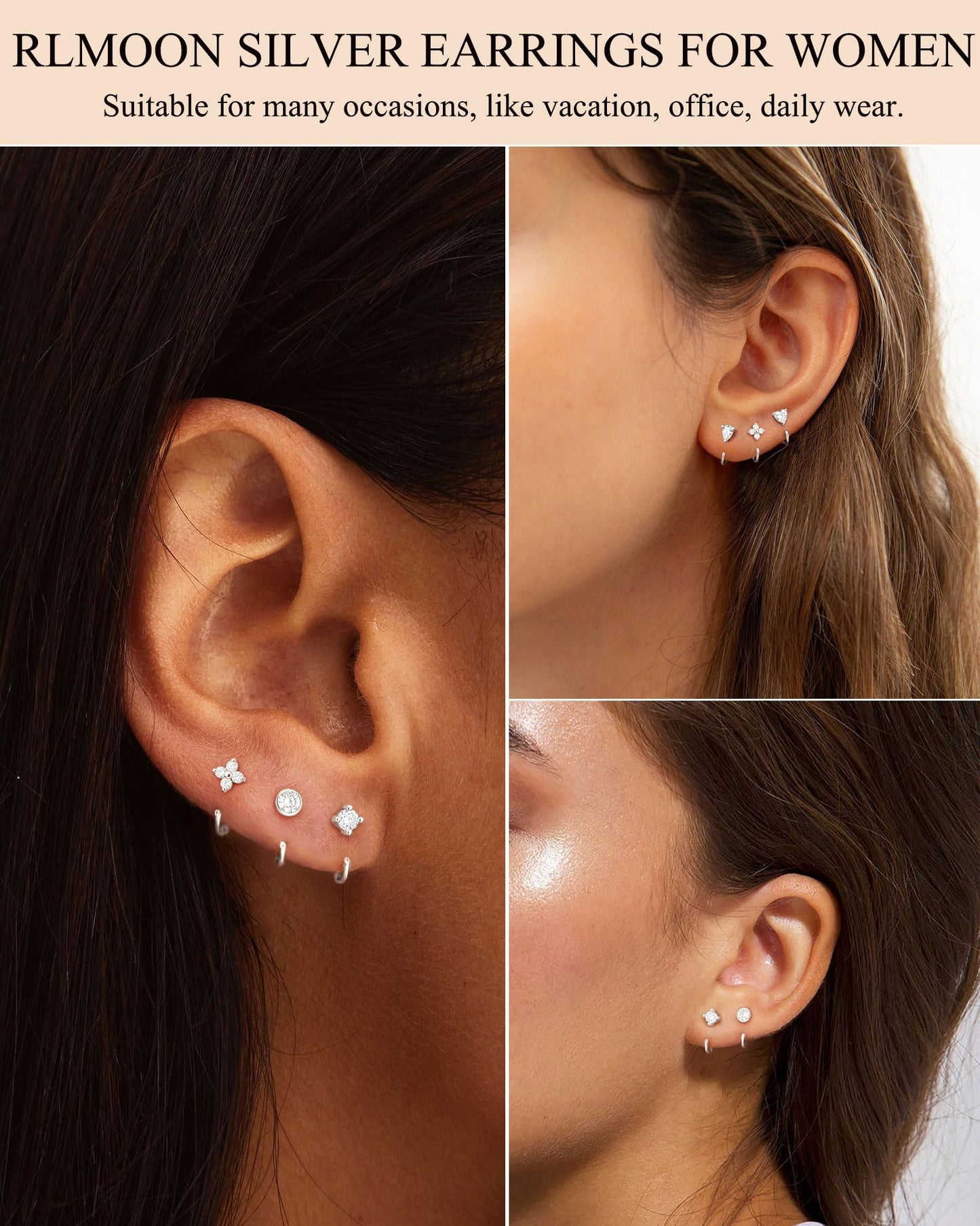 RLMOON Backless Earrings Silver Huggie Half Hoop Earrings for Women 14K Gold Plated Stay Close Hoop Earrings No Back Comfort Fit Hypoallergenic Stackable Earrings to Sleep in